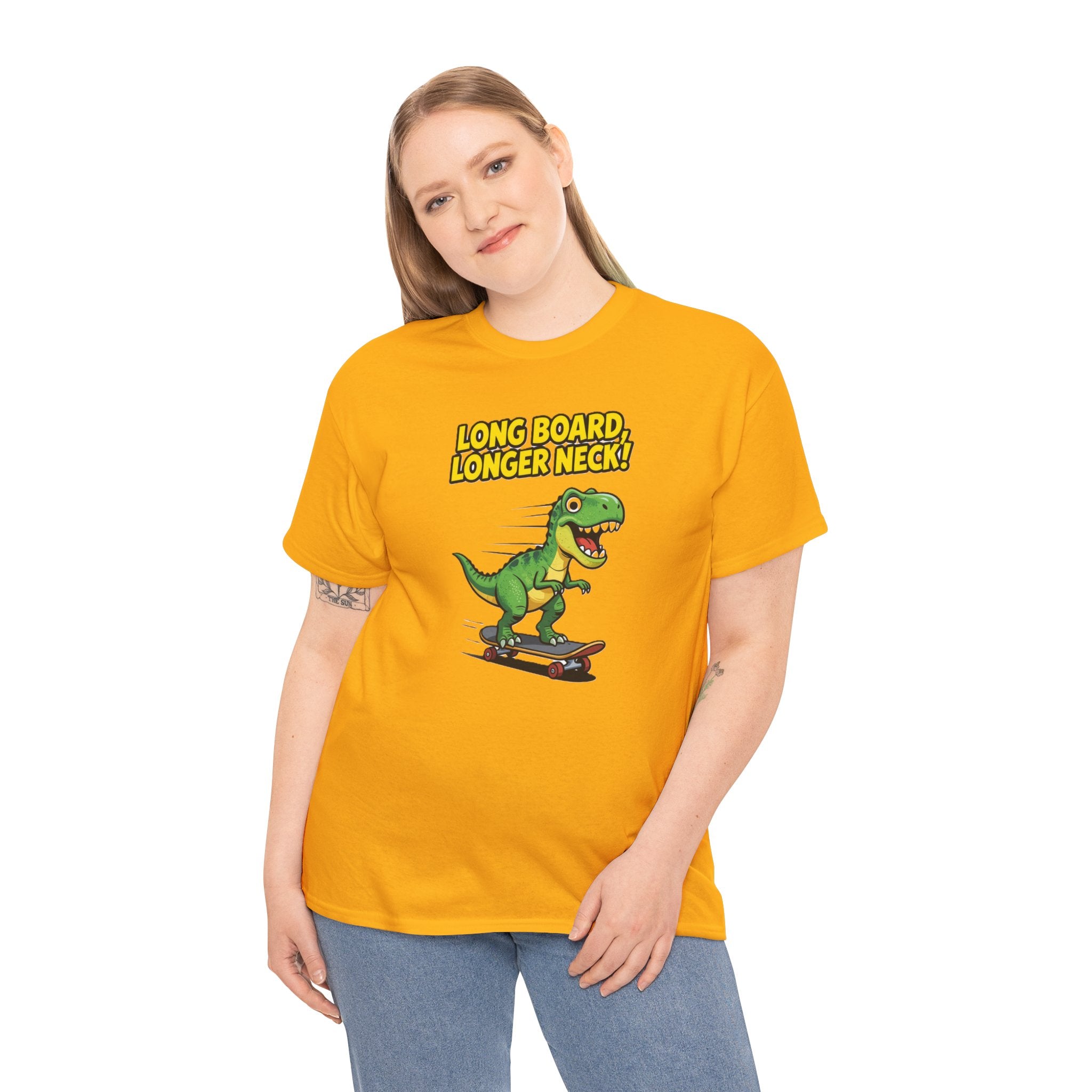 Long Board Longer Neck T-Shirt – Funny Green Dinosaur Longboard Skateboard Cartoon | Dino Skater Graphic Tee