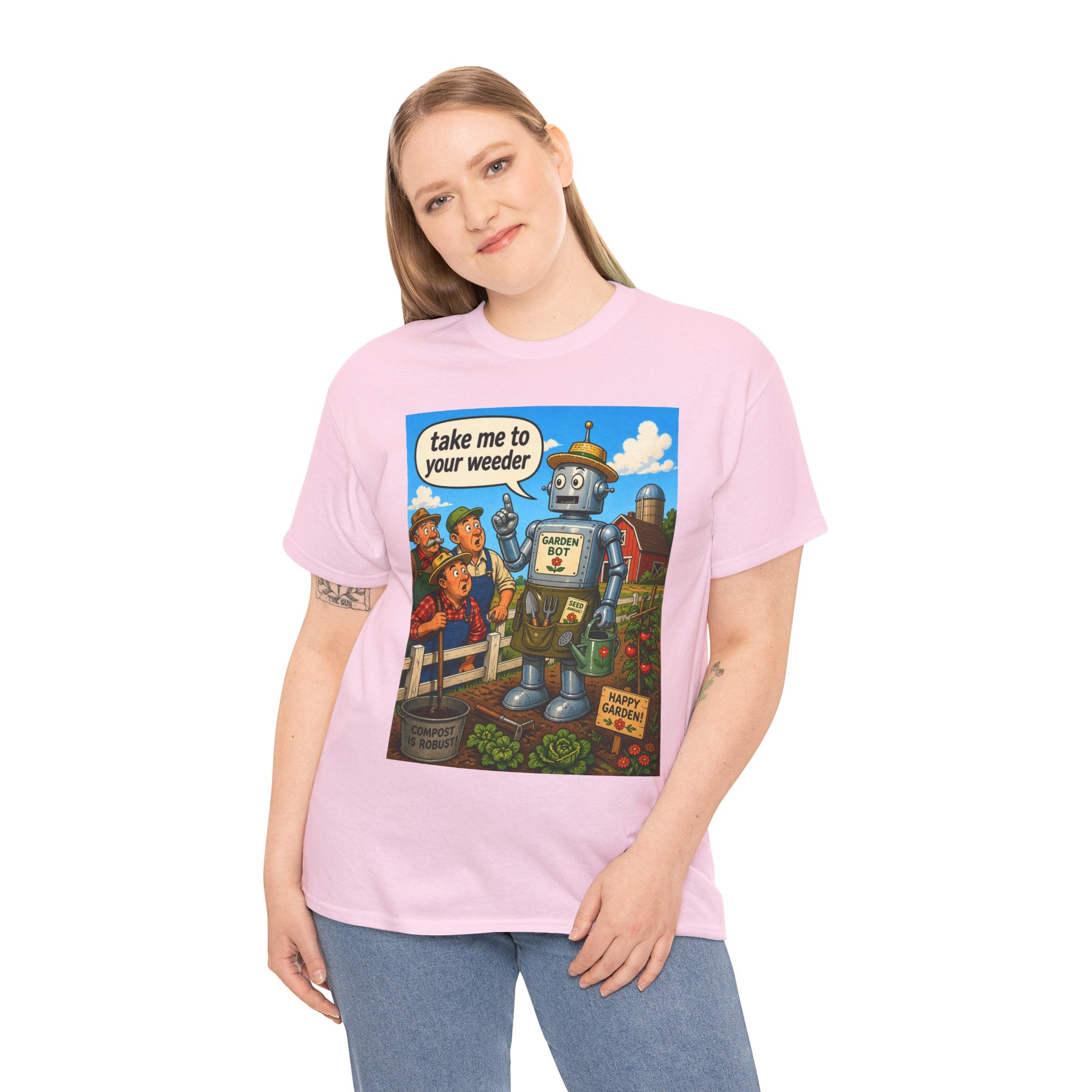 T-Shirt — "Take Me to Your Weeder" Vintage Robot Gardening Tee