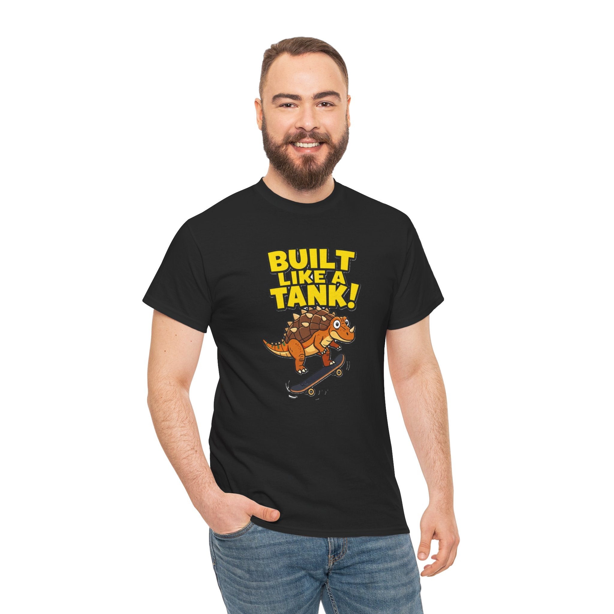 Built Like a Tank T-Shirt – Funny Ankylosaurus Skateboard Cartoon Dinosaur | Armoured Dino Skater Graphic Tee