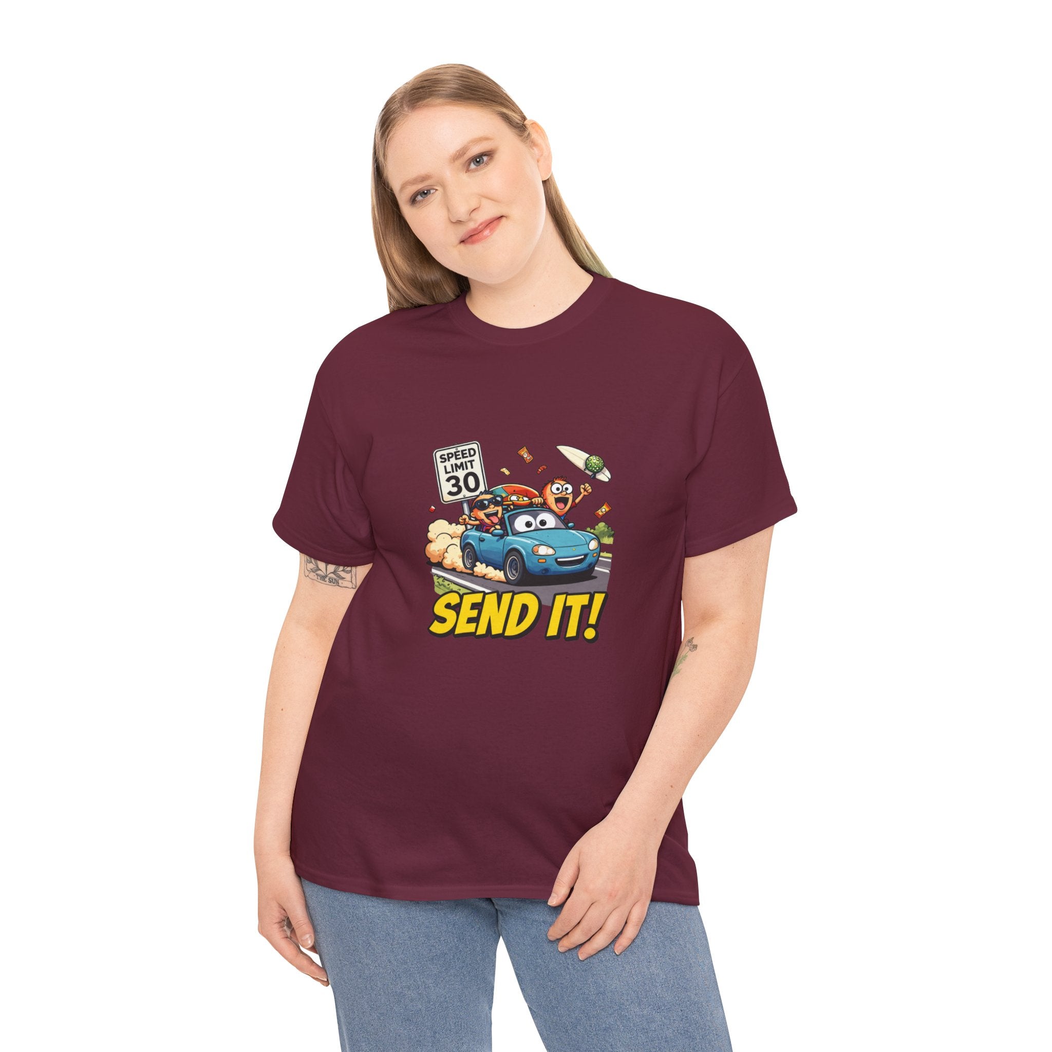 Send It T-Shirt – Funny Car Road Trip Speed Limit Graphic Tee | Cartoon Convertible Motorsport Humour