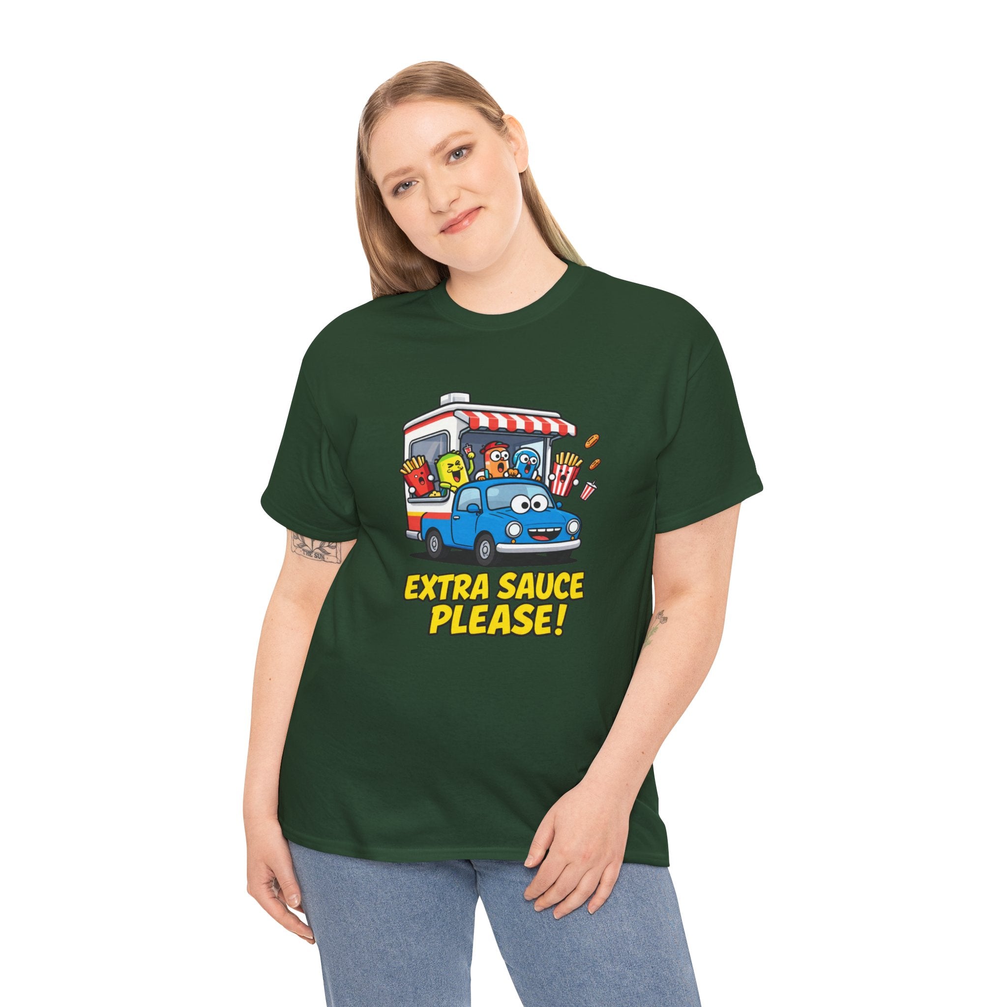 Extra Sauce Please T-Shirt – Funny Drive Thru Cartoon Car Fast Food Graphic Tee | Food Lover Motoring Humour