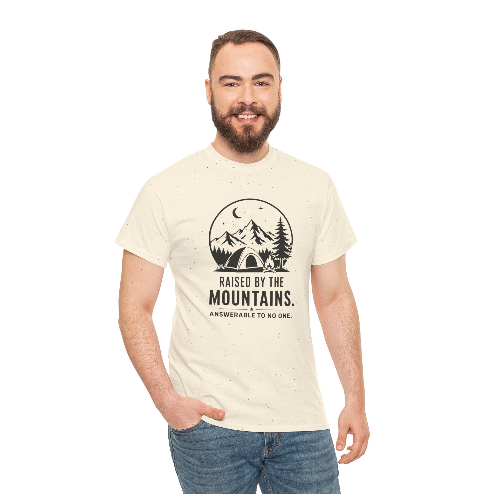 Raised by the Mountains T-Shirt — Camping Graphic Tee with 'Answerable to No One'