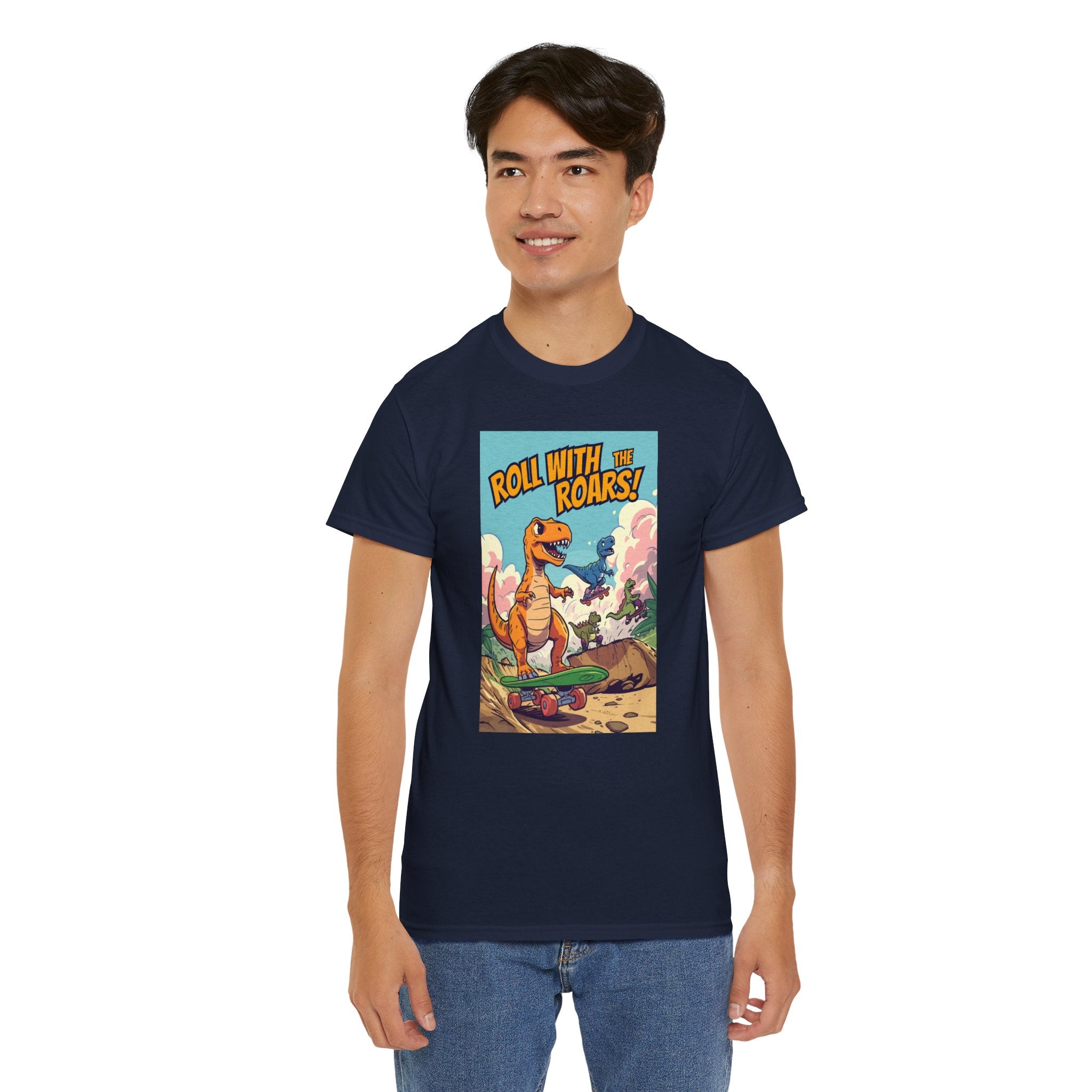 Roll With The Roars T-Shirt | Skateboarding T-Rex Pack Jungle Design | Funny Dinosaur Graphic Tee | Cartoon Fun Collection