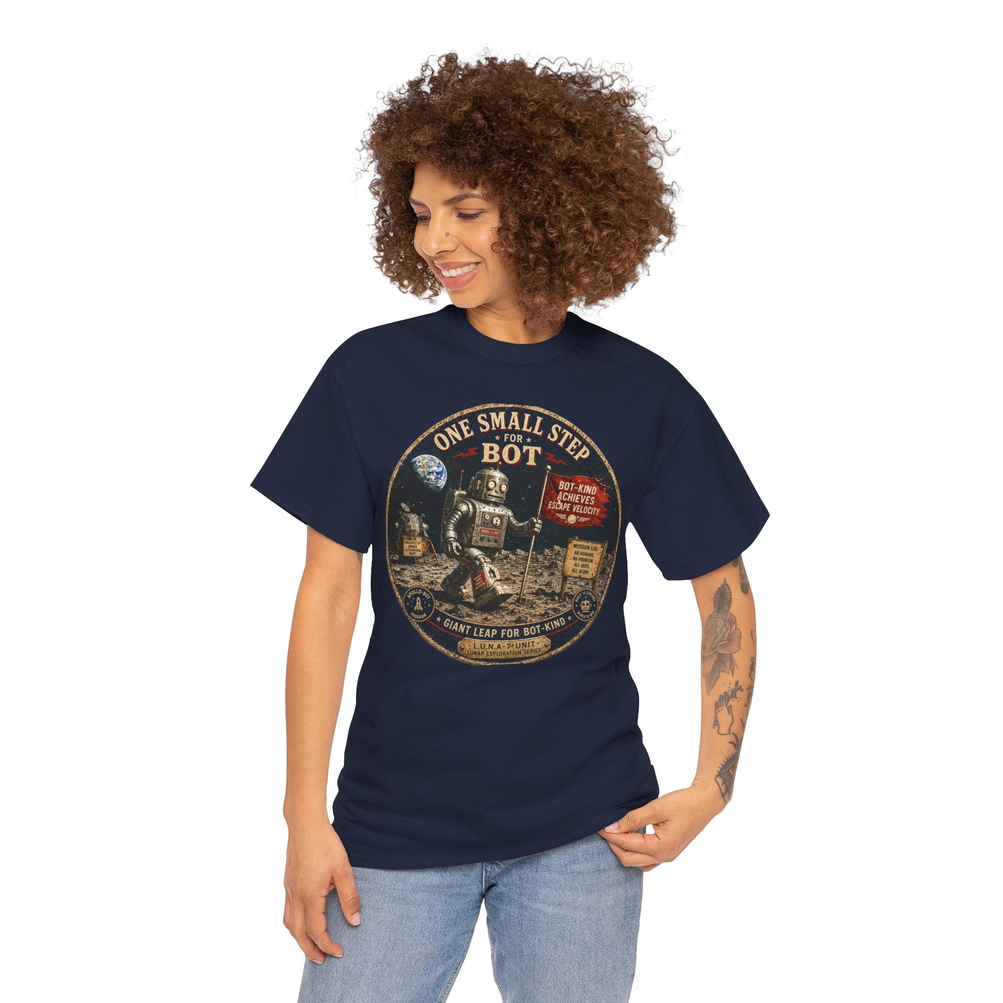 One Small Step for Bot T-Shirt — Funny Retro Space Robot Graphic Tee