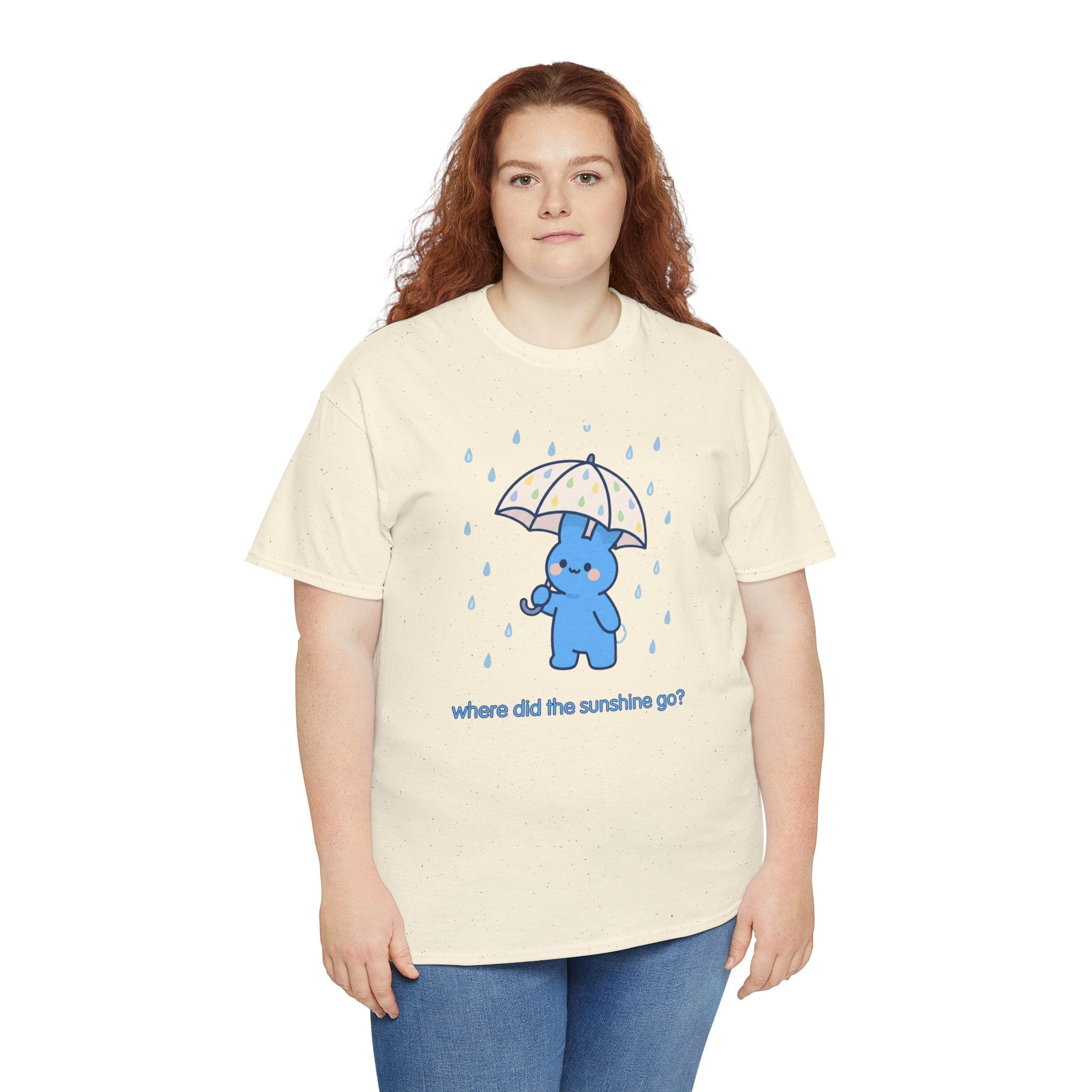 Cute Blue Bunny Tee — "Where Did the Sunshine Go?" Rainy Day Graphic T-Shirt - Where did the sunshine go? 🌧️🐰 Our little blue bunny is braving the rain with the cutest polka dot umbrella