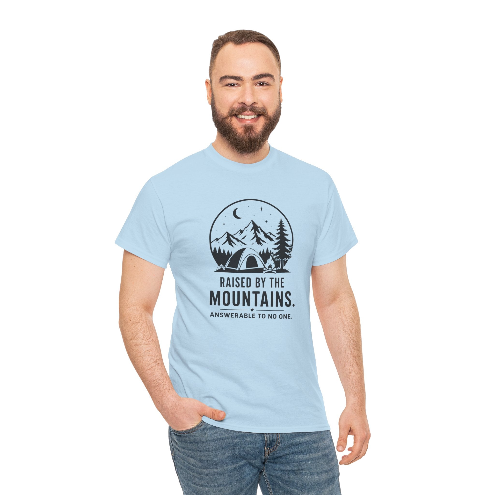 Raised by the Mountains T-Shirt — Camping Graphic Tee with 'Answerable to No One'