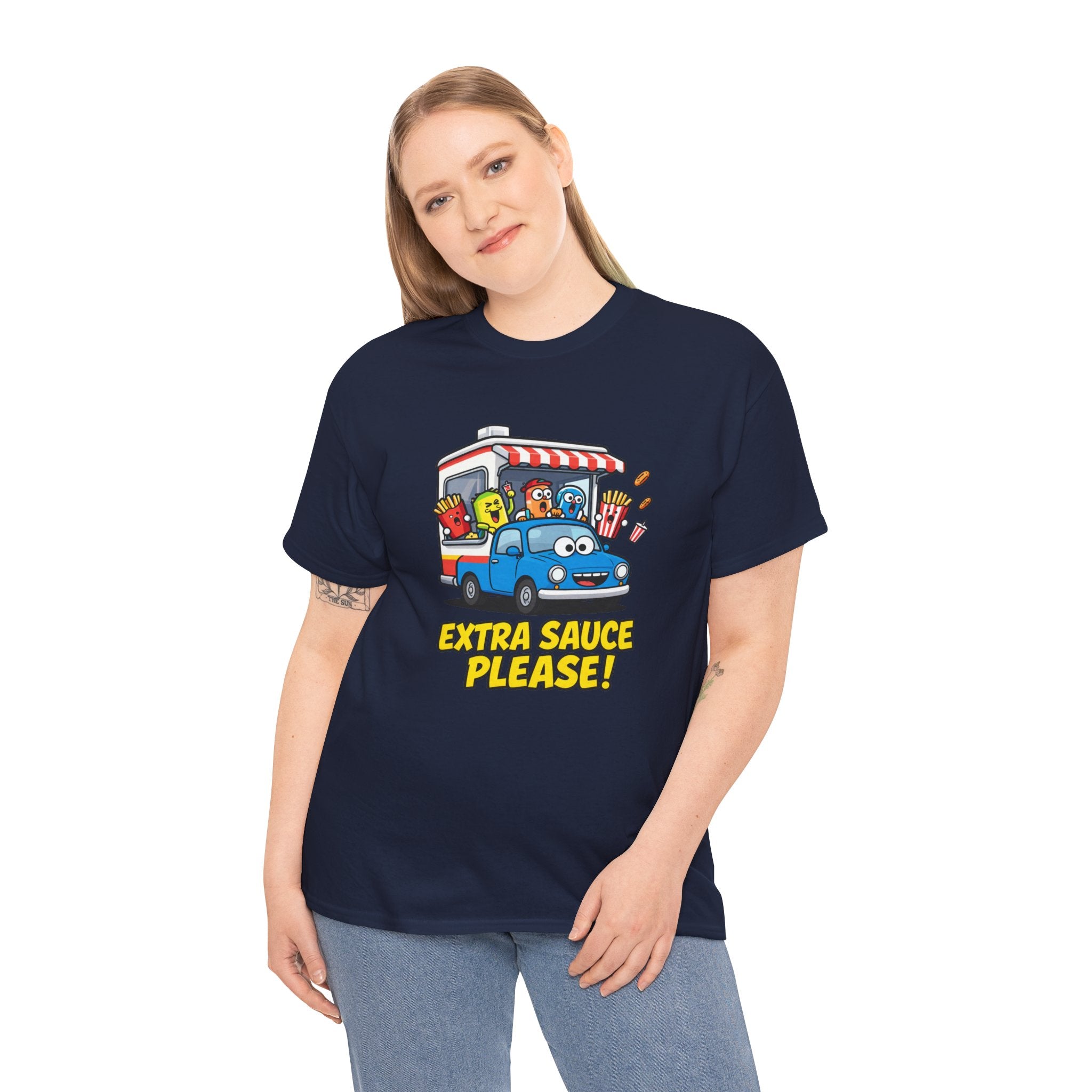 Extra Sauce Please T-Shirt – Funny Drive Thru Cartoon Car Fast Food Graphic Tee | Food Lover Motoring Humour