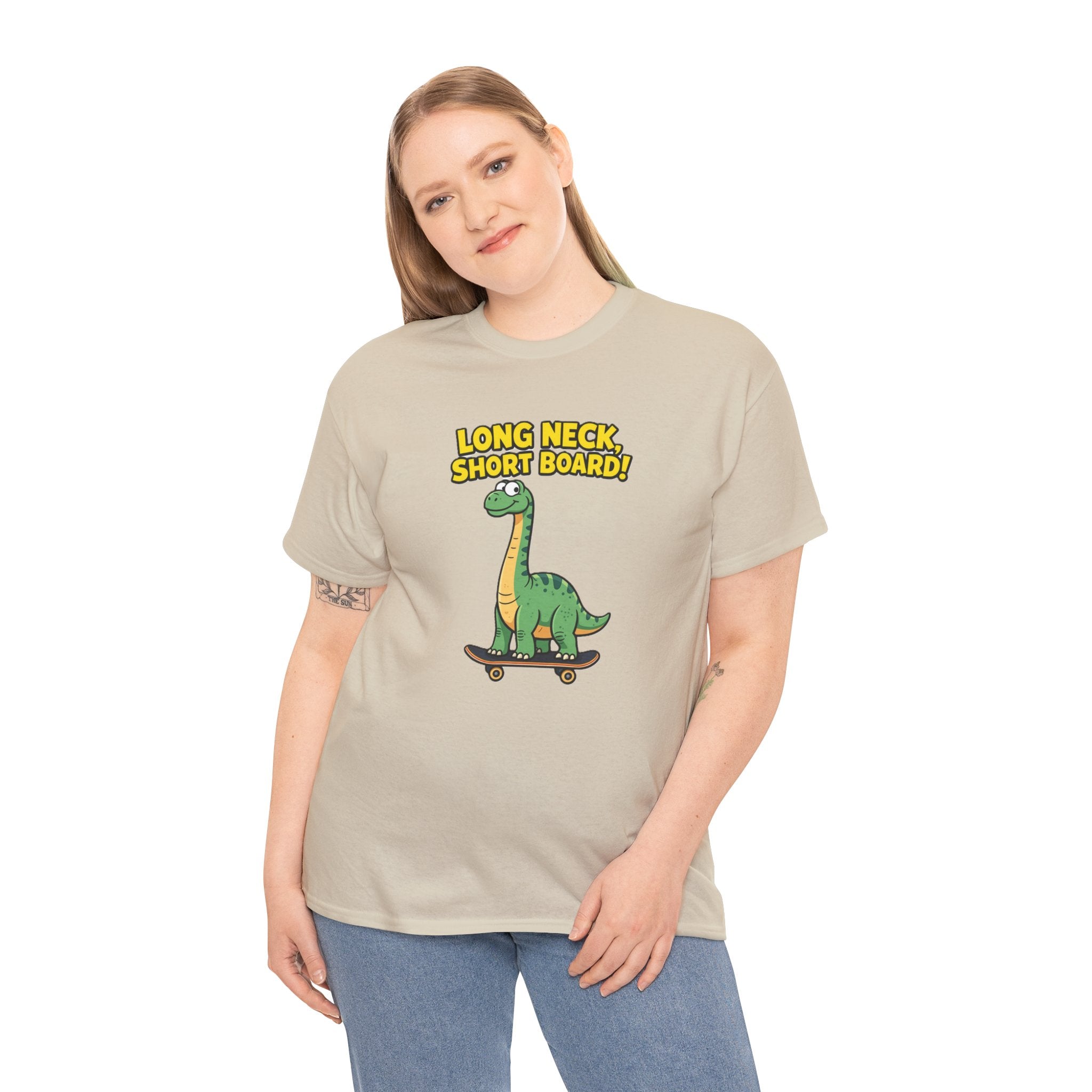 Long Neck Short Board T-Shirt – Funny Brachiosaurus Skateboard Cartoon Dinosaur | Tall Dino Skater Pun Graphic Tee
