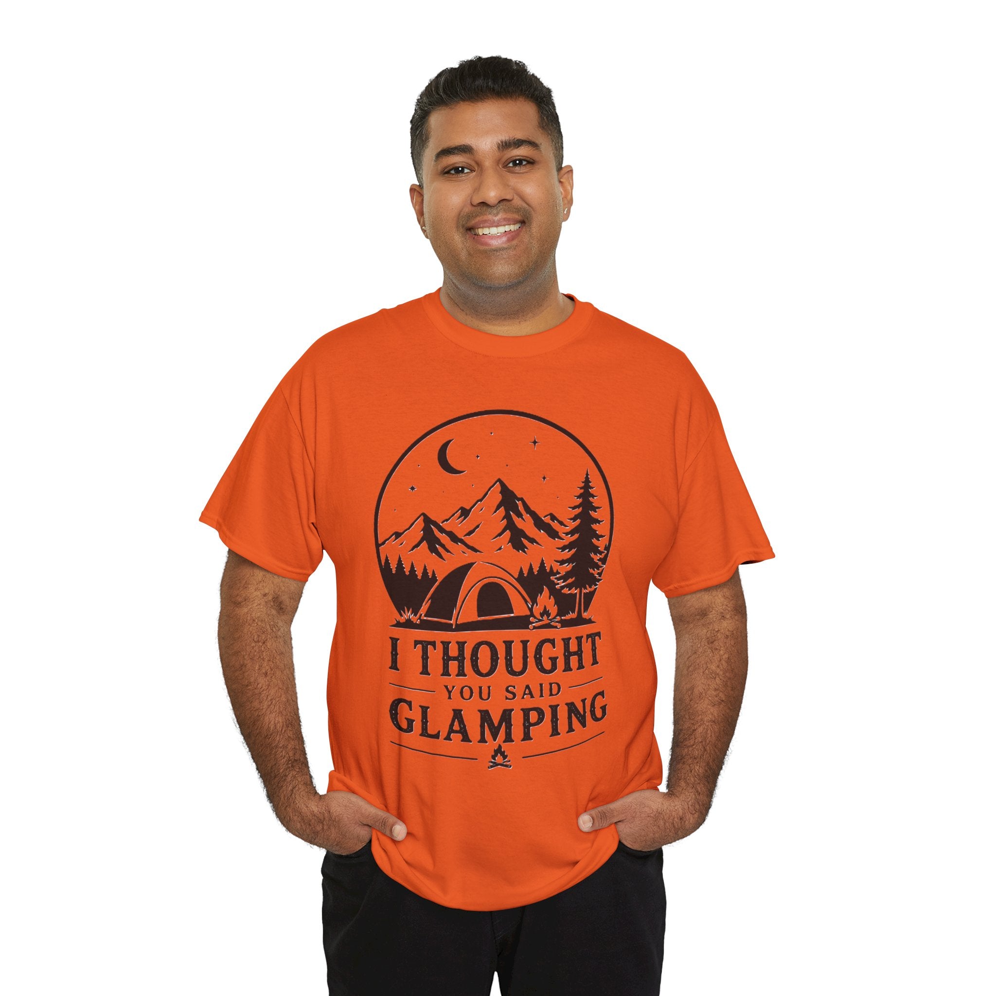 Camping T-Shirt — "I Thought You Said Glamping" Funny Outdoor Tee- The bell tent was booked. Then someone had a better idea.