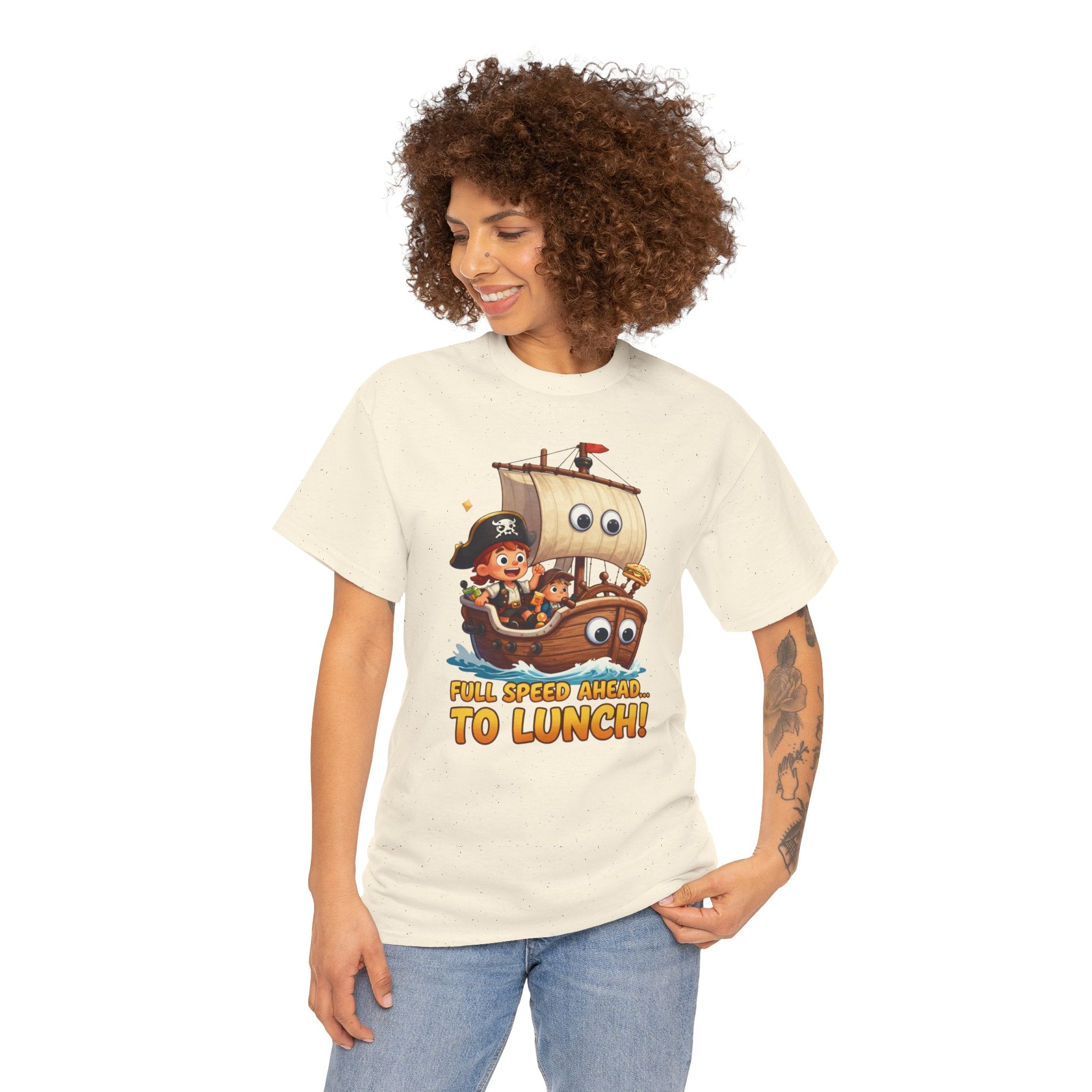 Full Speed Ahead To Lunch T-Shirt – Funny Pirate Ship Food Cartoon | Nautical Foodie Humour Graphic Tee