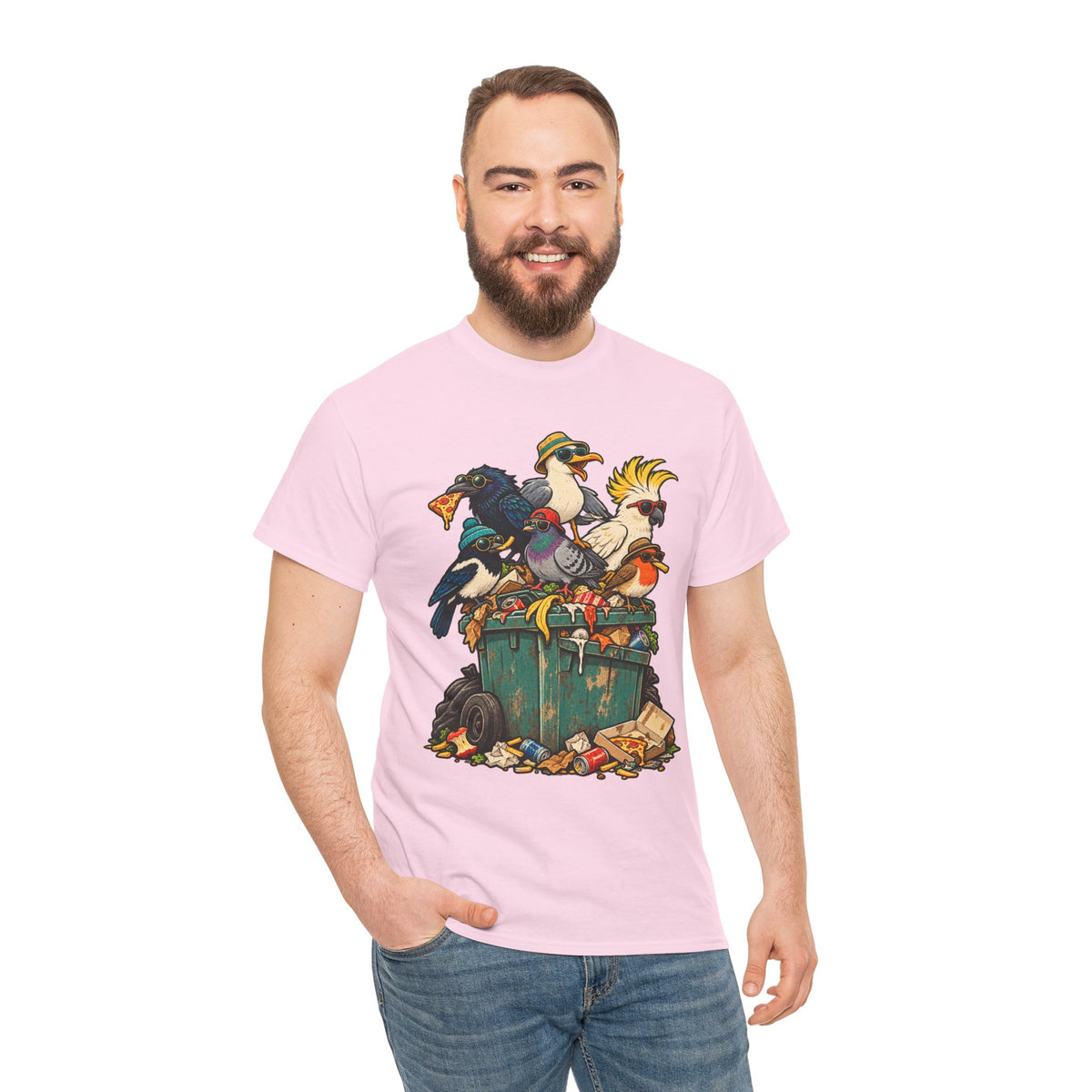 The Bin Squad Funny Birds T-Shirt – Cartoon Birds Raiding a Wheelie Bin Tee