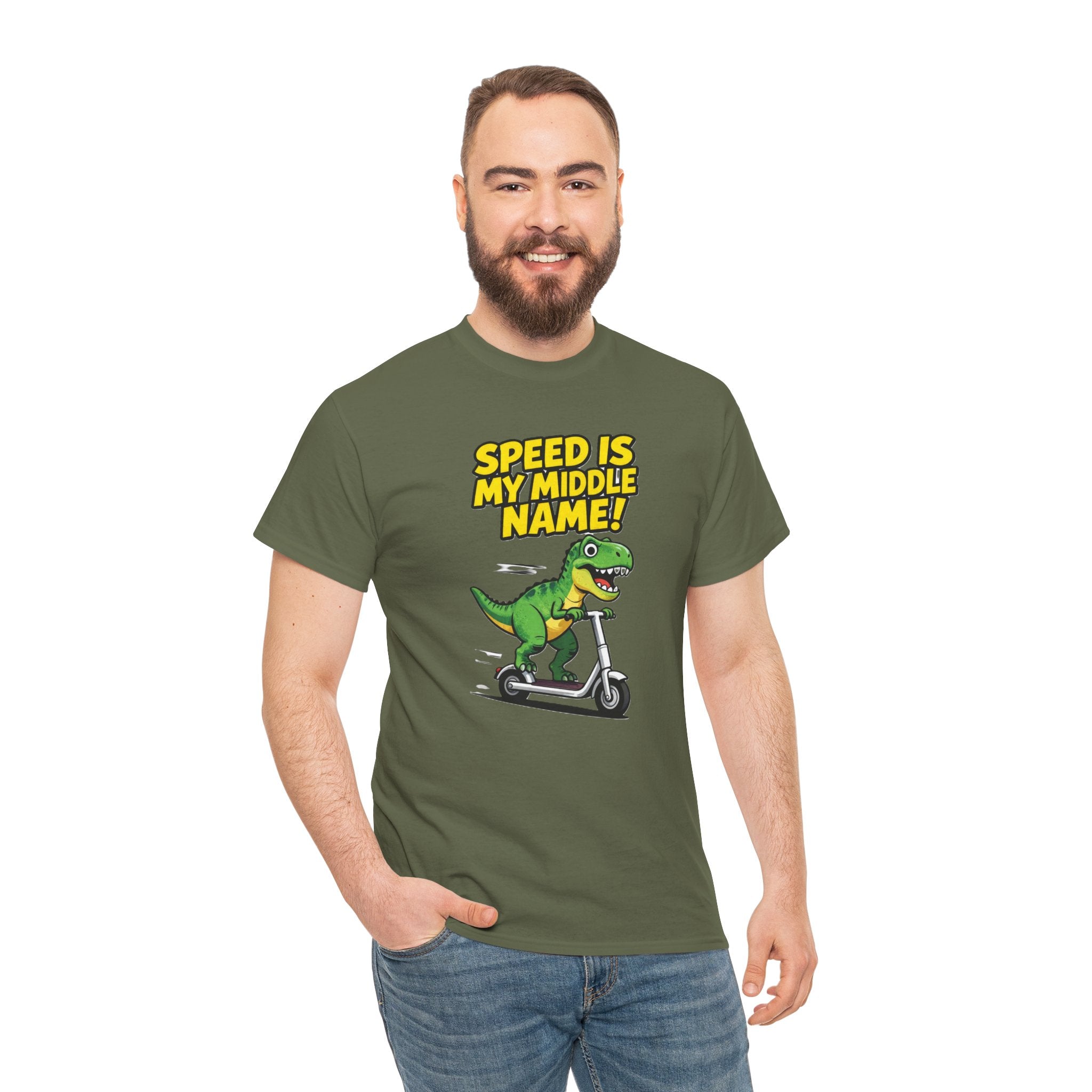 Speed Is My Middle Name T-Shirt – Funny T-Rex Electric Scooter Cartoon Dinosaur | Fast Dino Graphic Tee