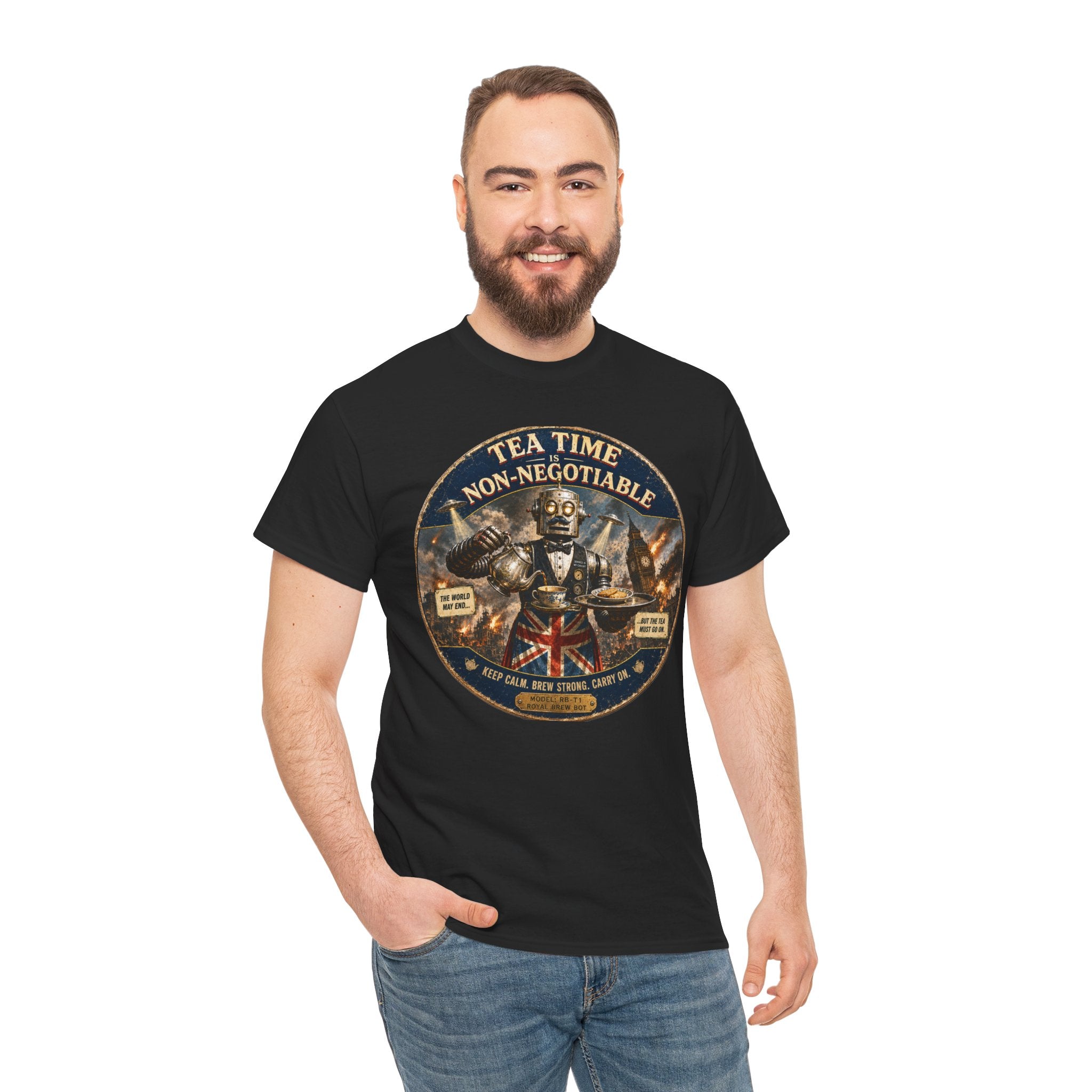 Tea Time is Non-Negotiable T-Shirt — Funny British Butler Robot Graphic Tee