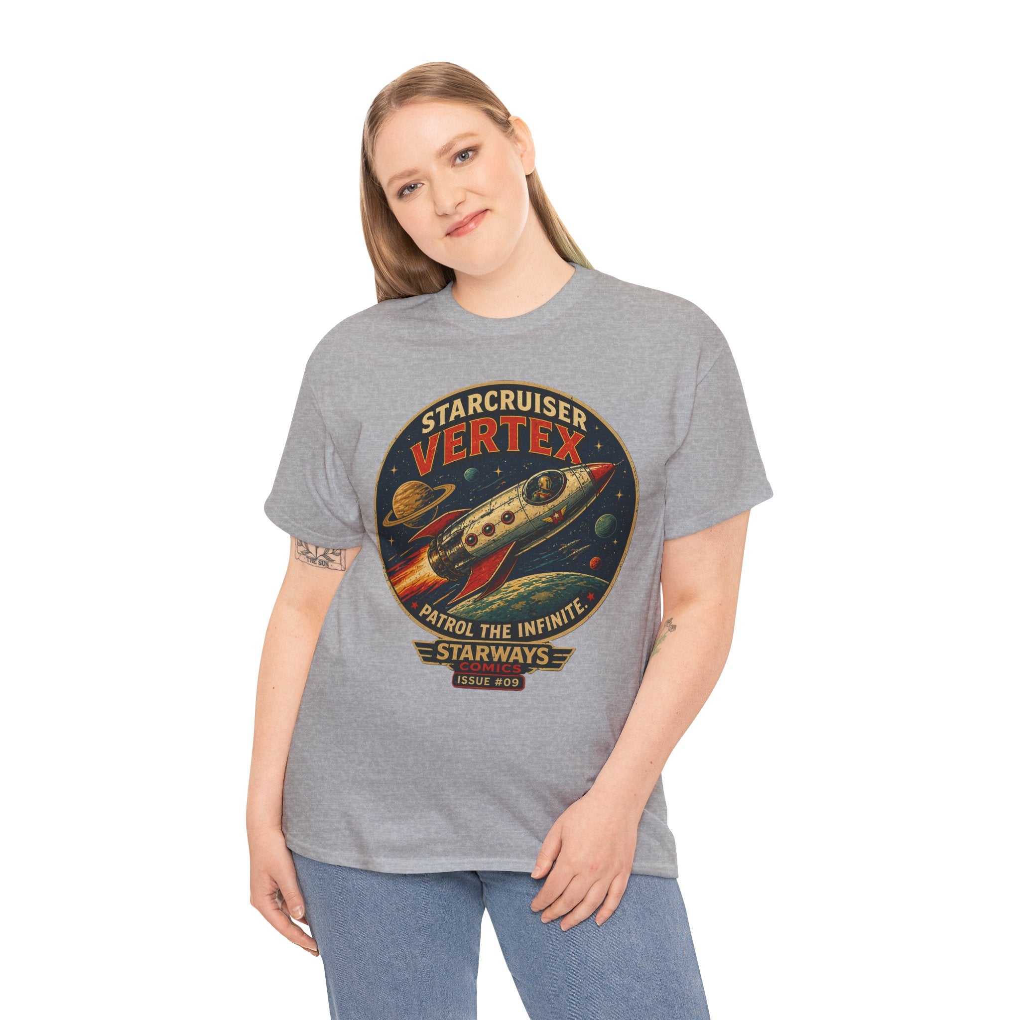 Starcruiser Vertex T-Shirt | Retro Sci-Fi Rocket Ship Graphic Tee | Vintage Space Comic Pilot Shirt | Starways Comics Issue 9