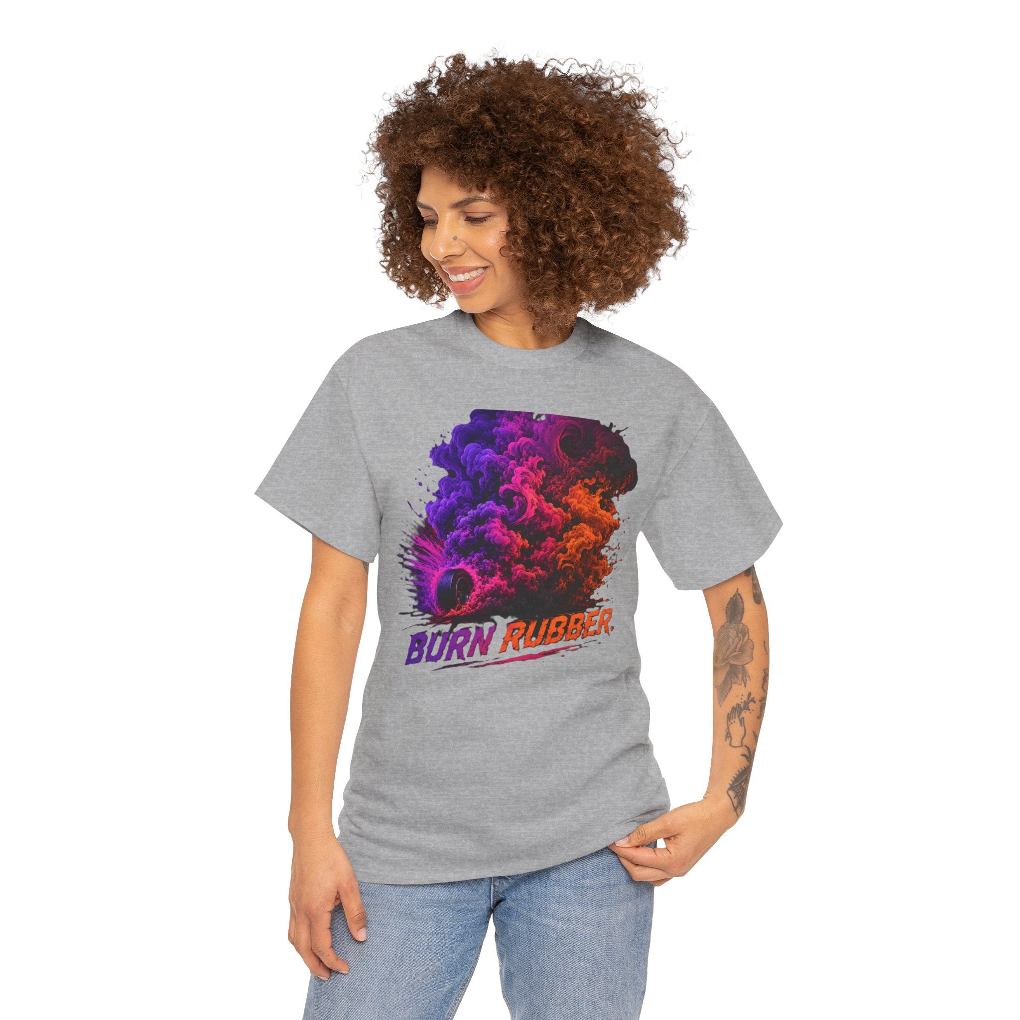Burn Rubber T-Shirt | Tire Smoke Burnout Graphic Tee | Colorful Drift Racing Shirt | Car Culture Street Racing Art