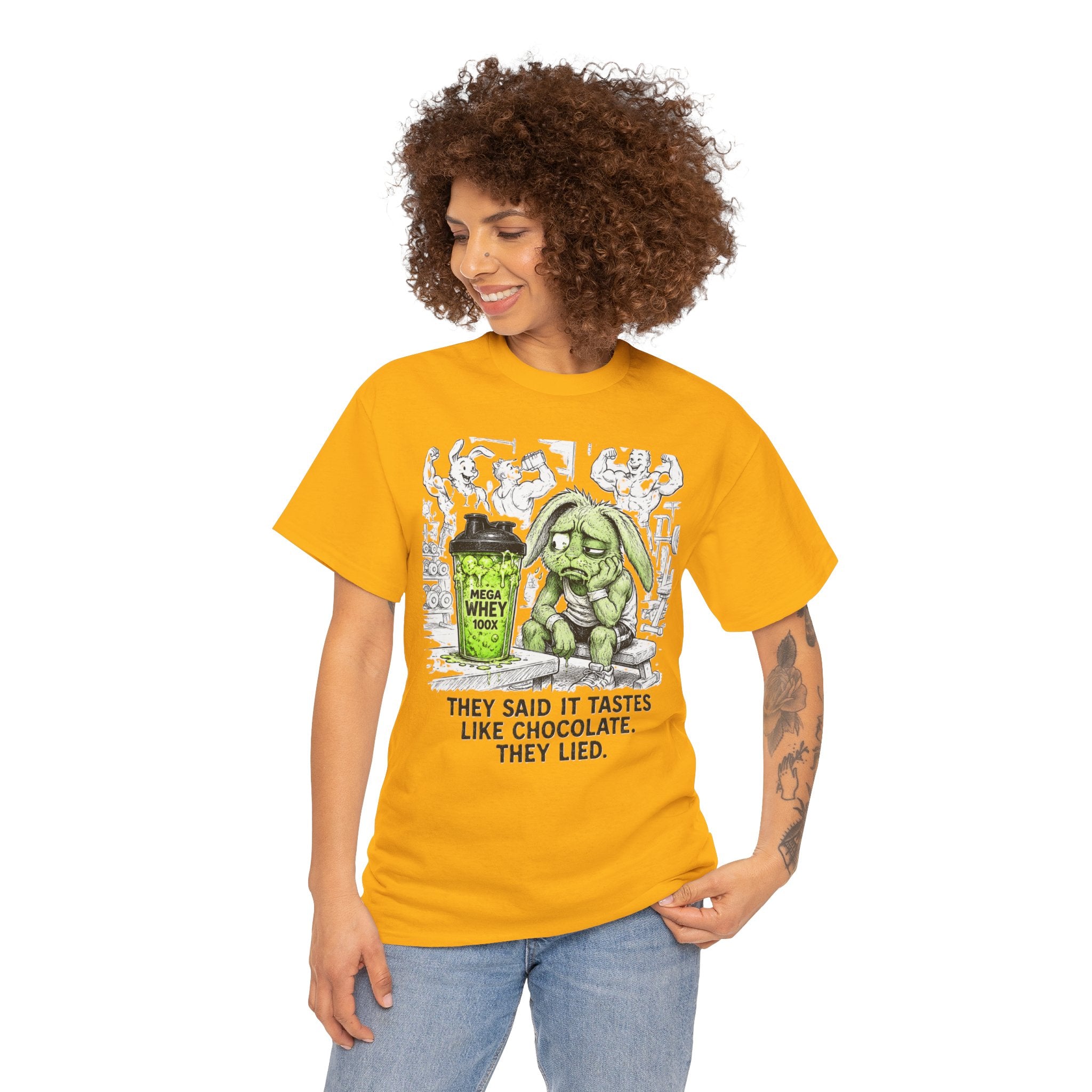 They Said It Tastes Like Chocolate T-Shirt – Funny Gym Protein Shake Bunny | Workout Humour Graphic Tee