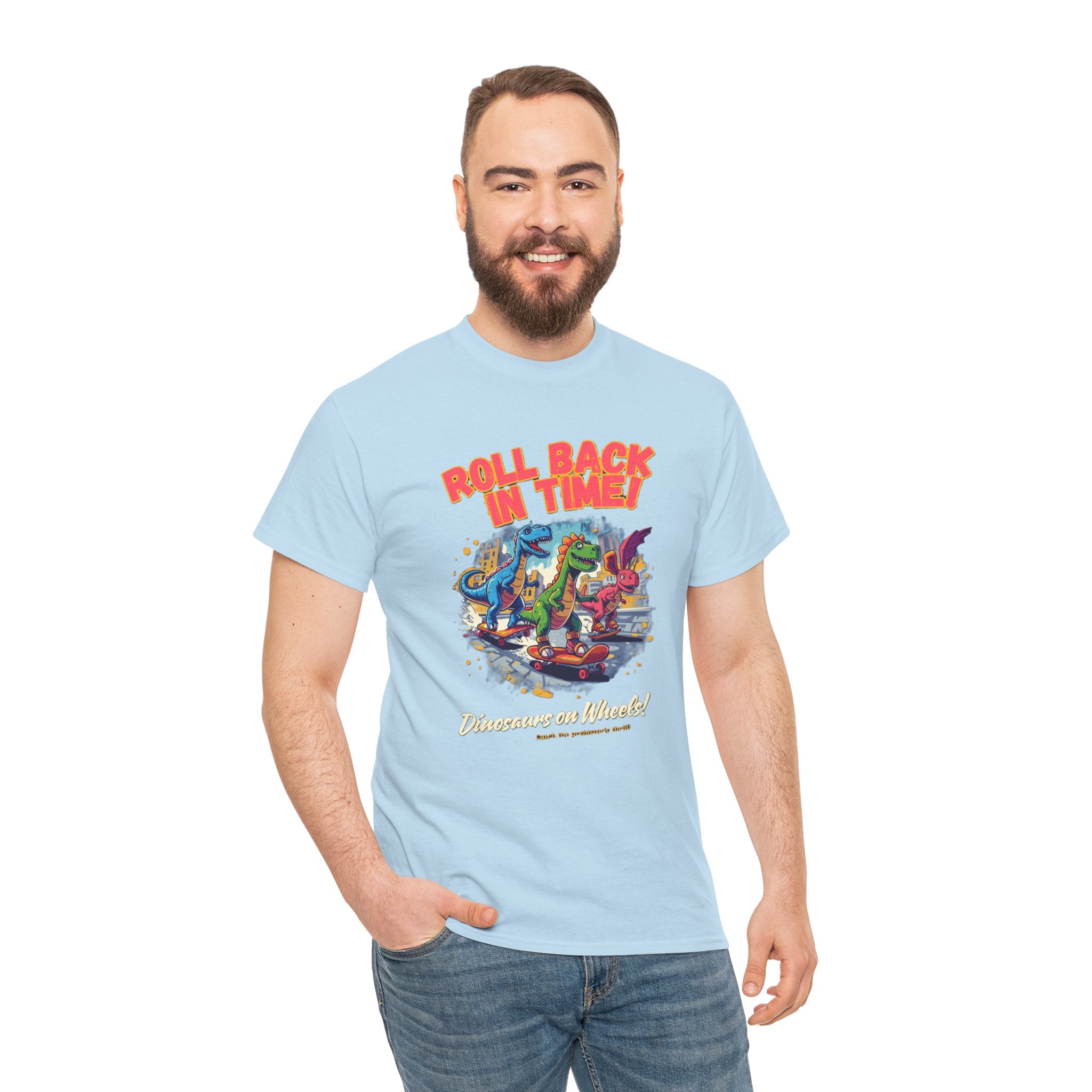 Roll Back In Time T-Shirt | Skateboarding Dinosaurs Street Art Design | Funny Dino Graphic Tee | Cartoon Fun Collection