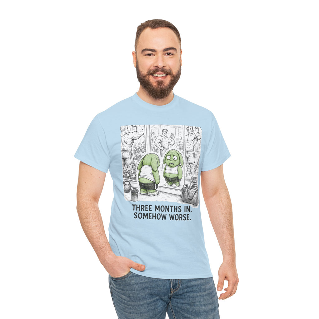 Three Months In Somehow Worse T-Shirt – Funny Gym Mirror Fail | New Year Resolution Workout Graphic Tee