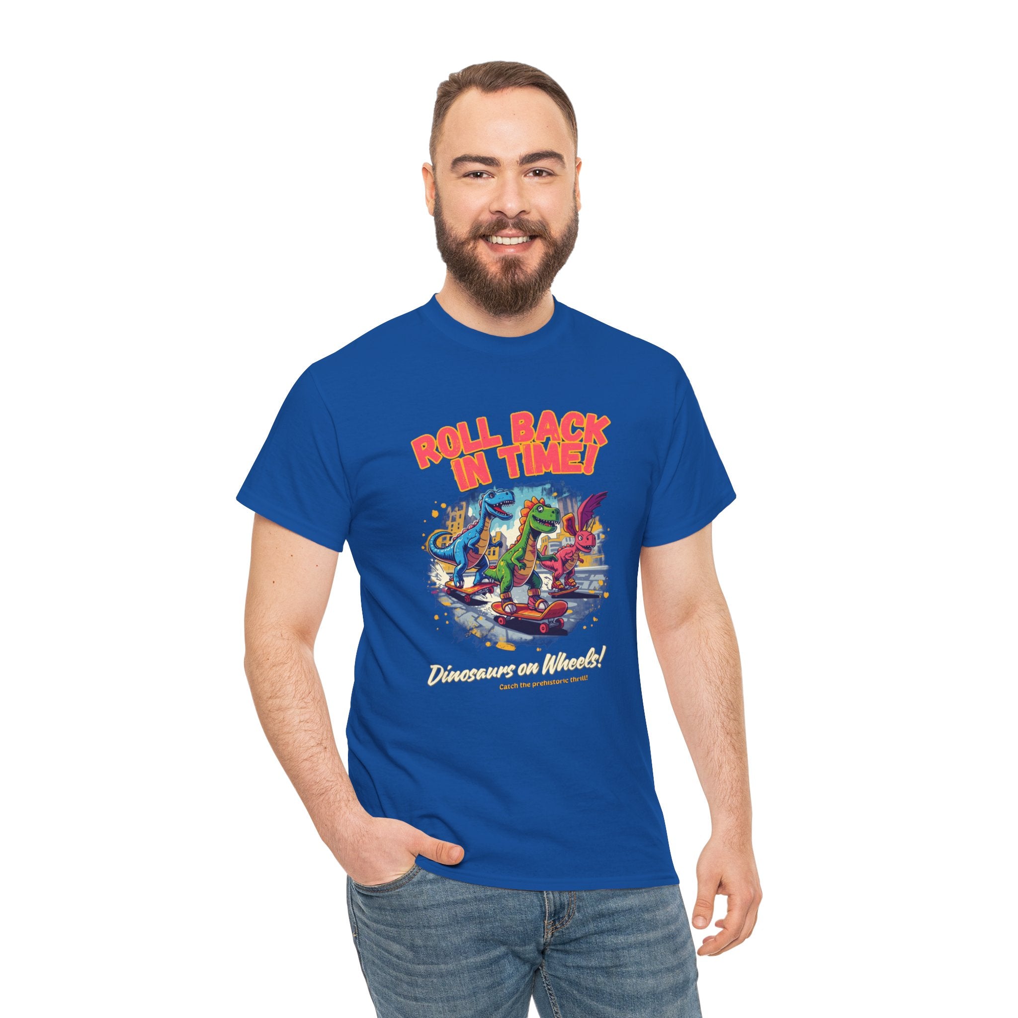 Roll Back In Time T-Shirt | Skateboarding Dinosaurs Street Art Design | Funny Dino Graphic Tee | Cartoon Fun Collection