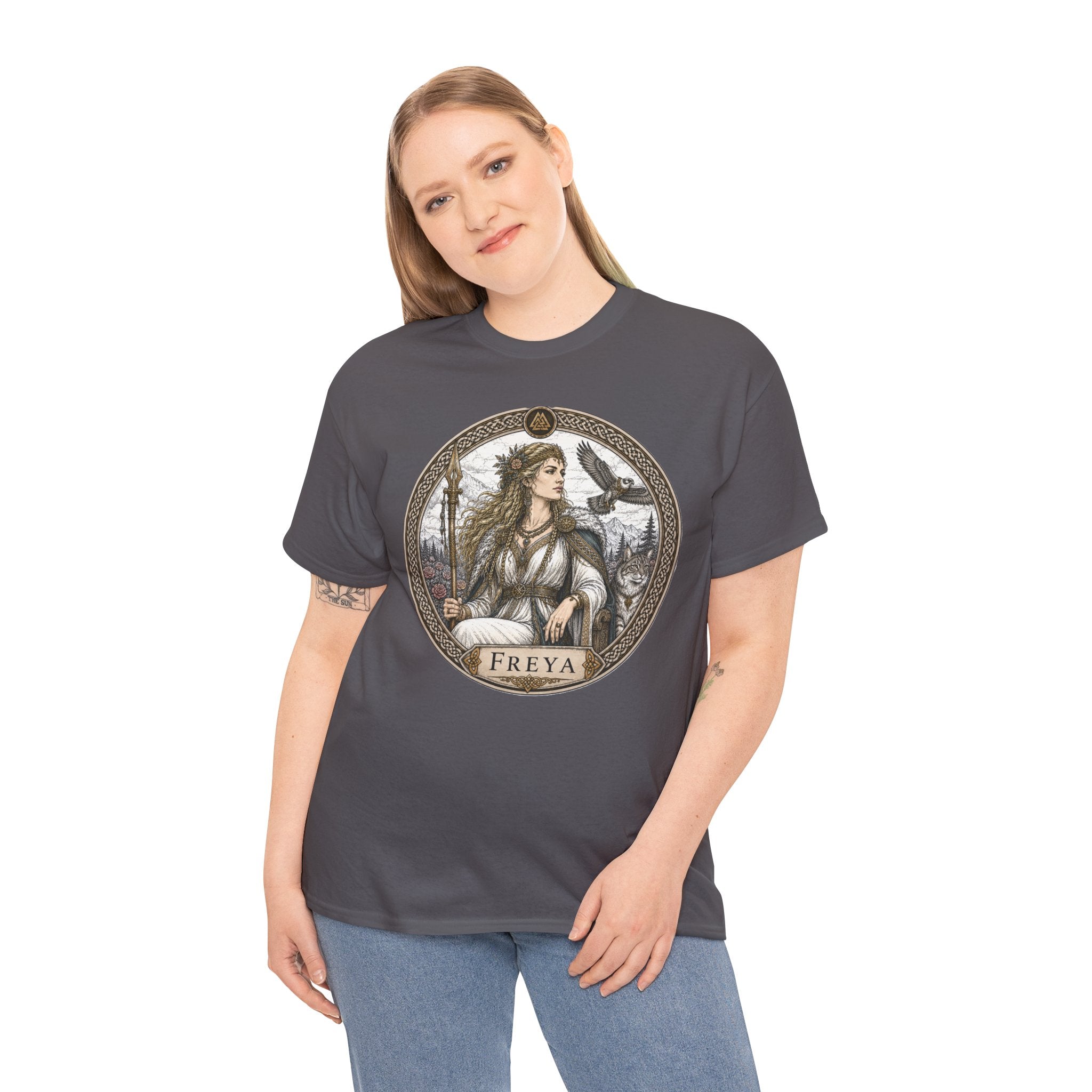 Freya Norse Mythology T-Shirt — Viking Goddess of War Love Falcon Valknut