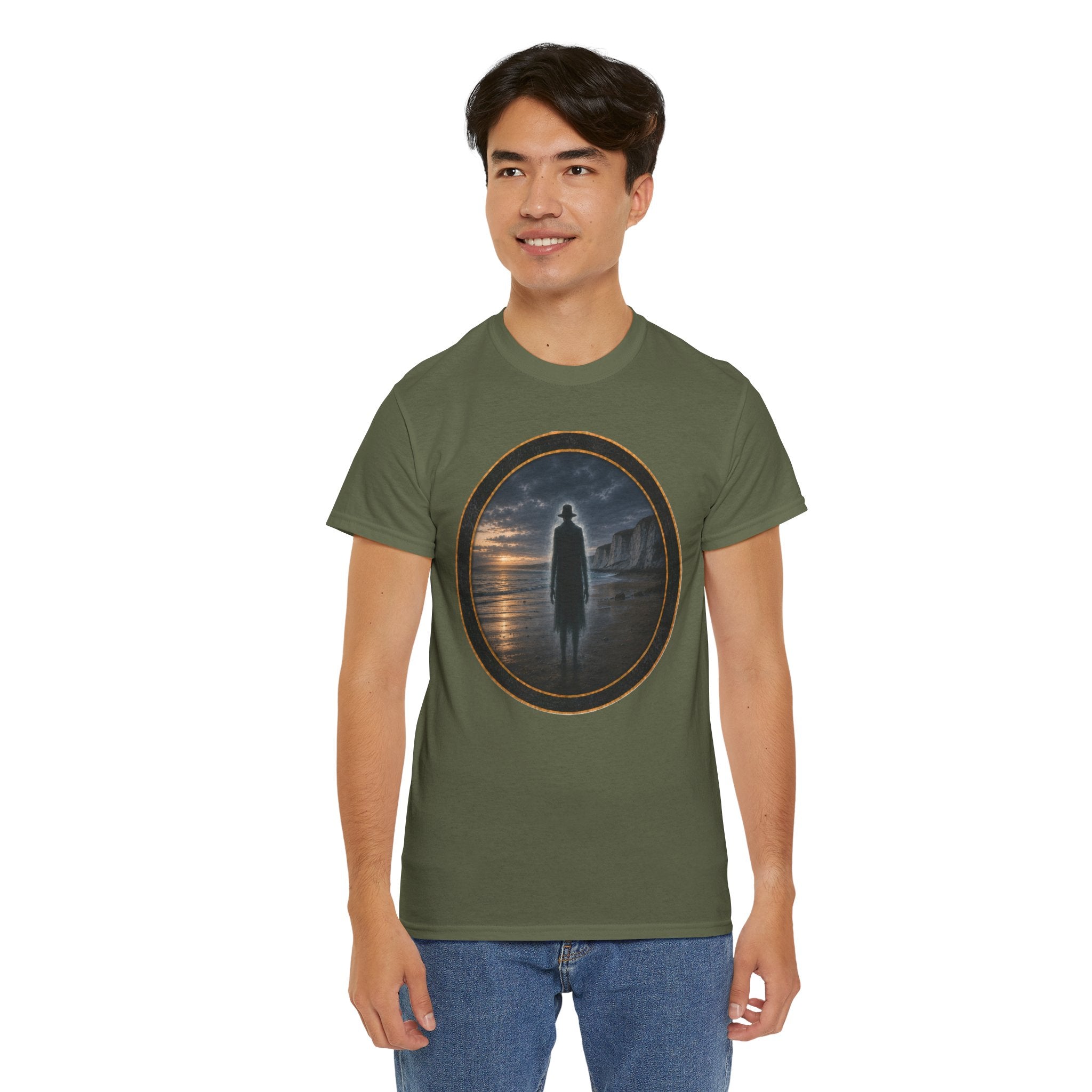 The Watcher on the Shore - Mystic Shore Tee — Silhouette at Dusk Graphic T-Shirt