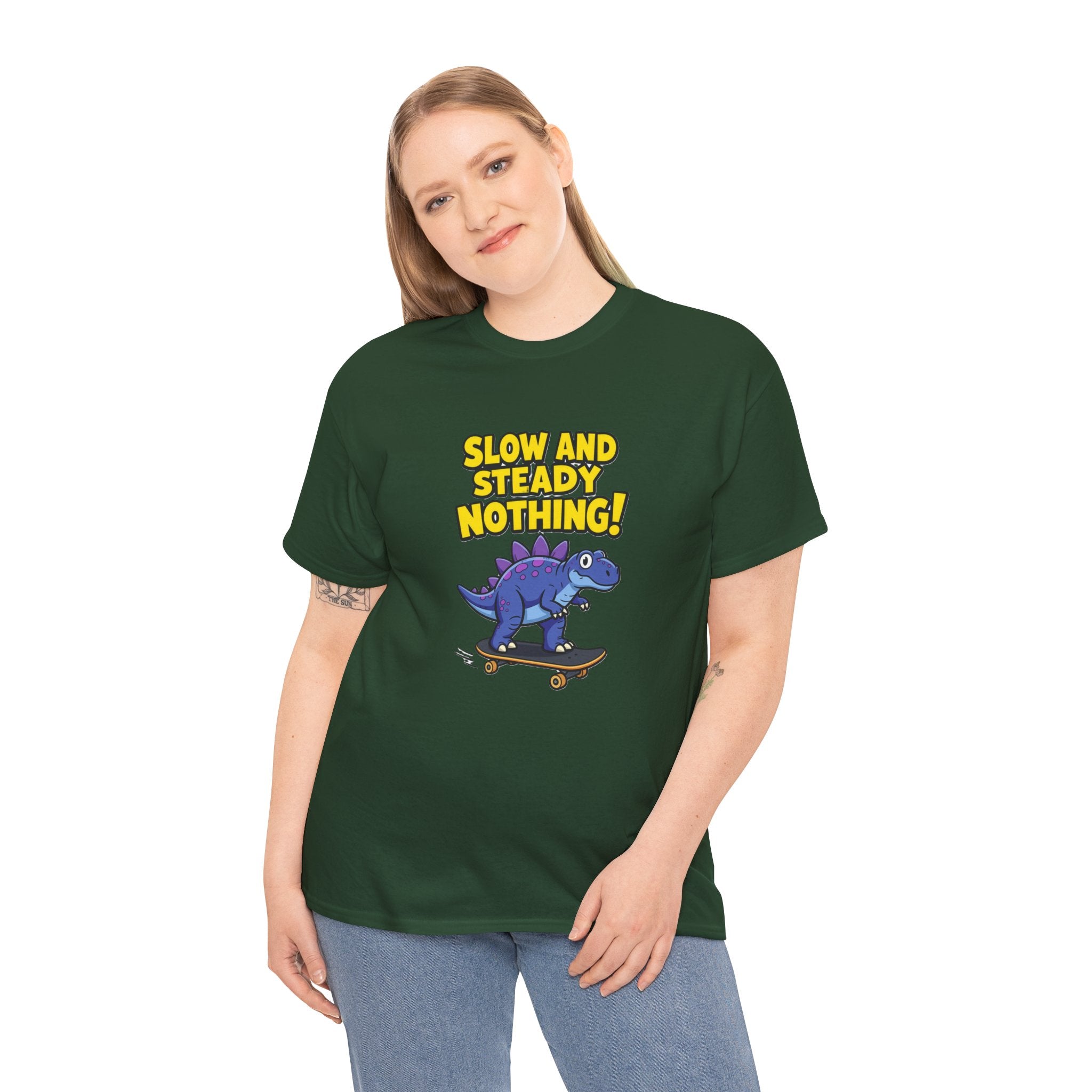 Slow and Steady Nothing T-Shirt – Funny Purple Stegosaurus Skateboard Cartoon | Dino Skater Saying Graphic Tee