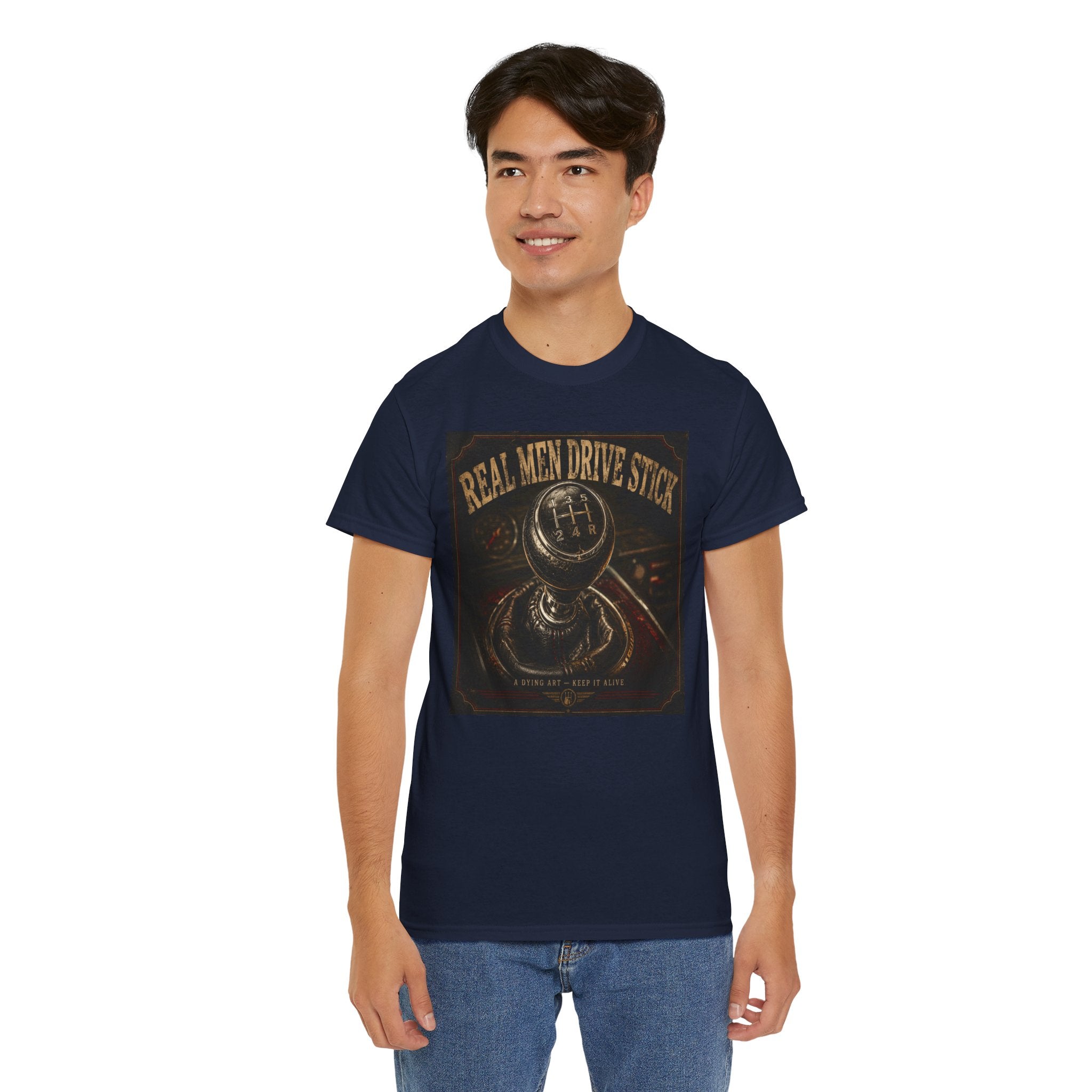 Real Men Drive Stick T-Shirt | Manual Transmission Graphic Tee | Stick Shift Car Lover Shirt | Vintage Gearhead Humour Art