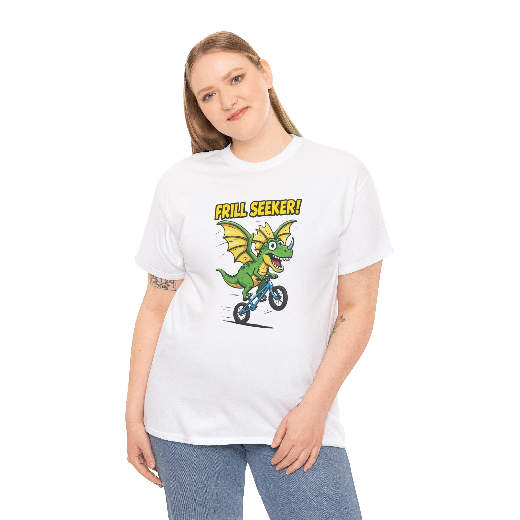 Frill Seeker T-Shirt – Funny Dragon Dinosaur BMX Bike Cartoon | Thrill Seeker Dino Pun Graphic Tee
