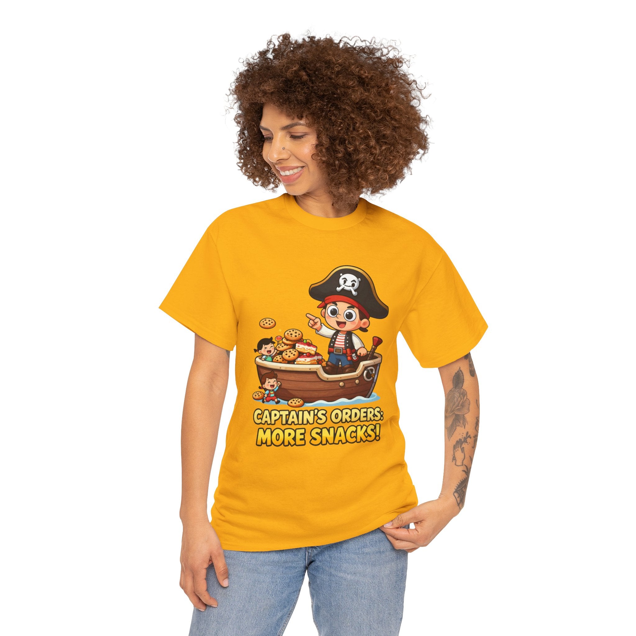 Captain's Orders More Snacks T-Shirt – Funny Pirate Cookie Cake Food Cartoon | Nautical Foodie Humour Graphic Tee