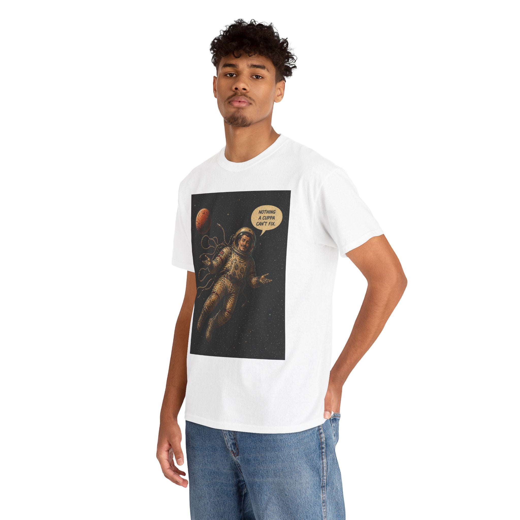 Nothing a Cuppa Can't Fix T-Shirt | Funny Astronaut Space Graphic Tee | British Humour Sci-Fi Shirt