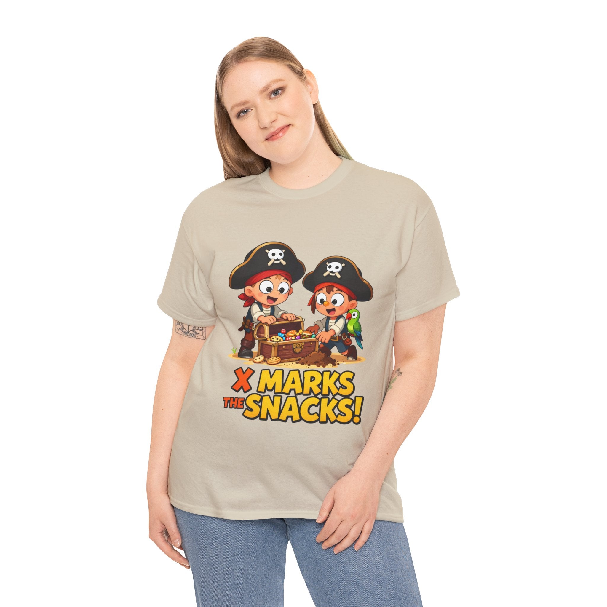 X Marks the Snacks T-Shirt – Funny Pirate Treasure Chest Food Cartoon | Pirate Parrot Foodie Humour Graphic Tee