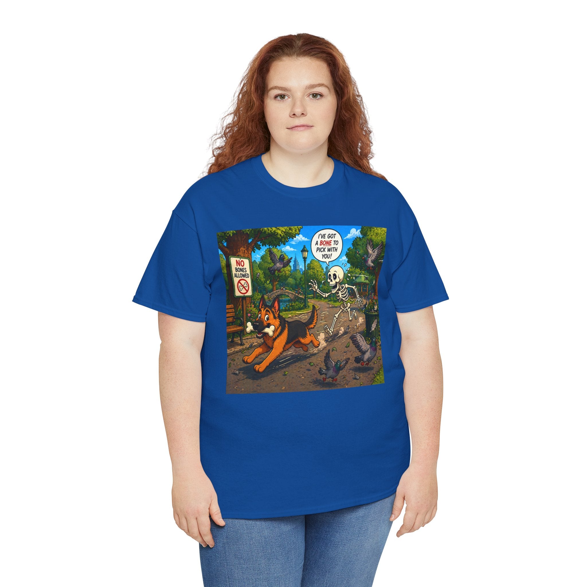 German Shepherd Running Cartoon Tee — "I’m Out Of Here" Park Scene Graphic T-Shirt