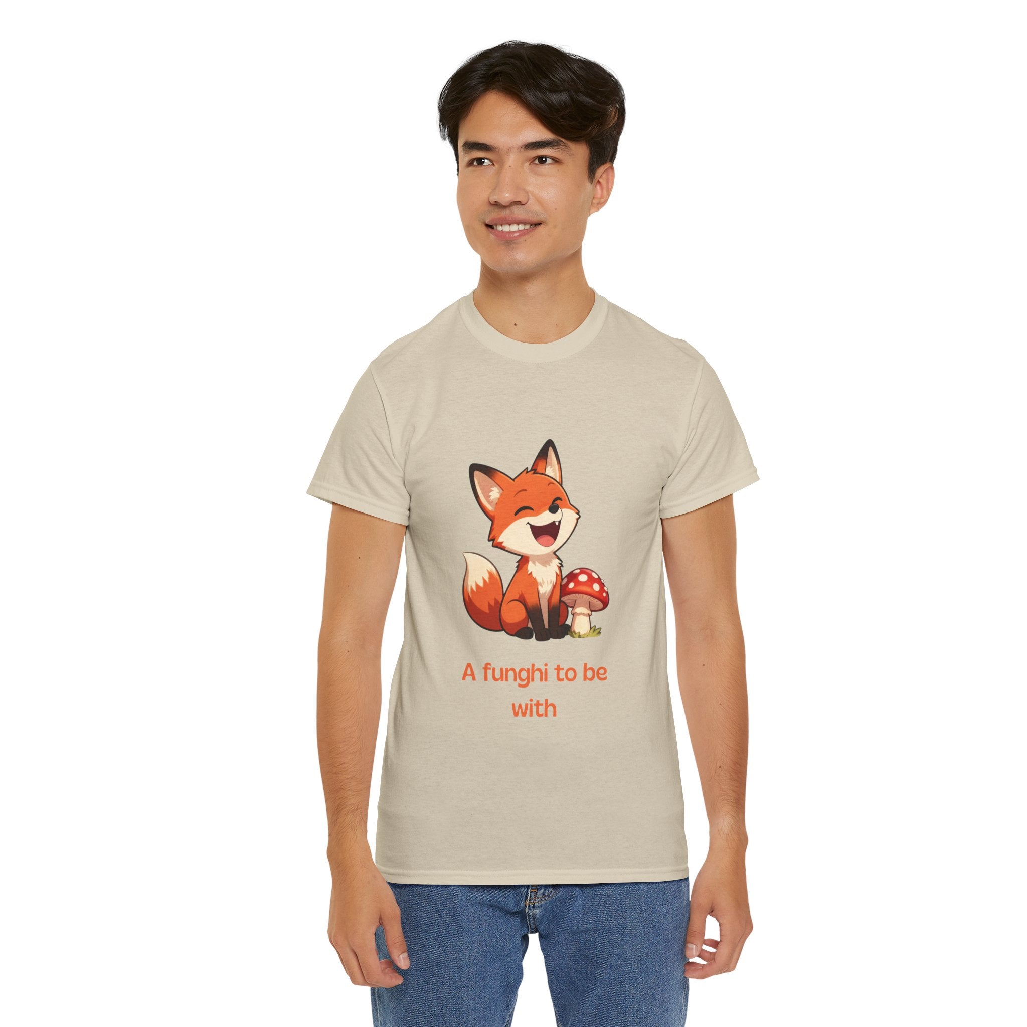 Funny Cartoon Fox T-Shirt | "A Funghi To Be With" Cute Mushroom Pun Tee