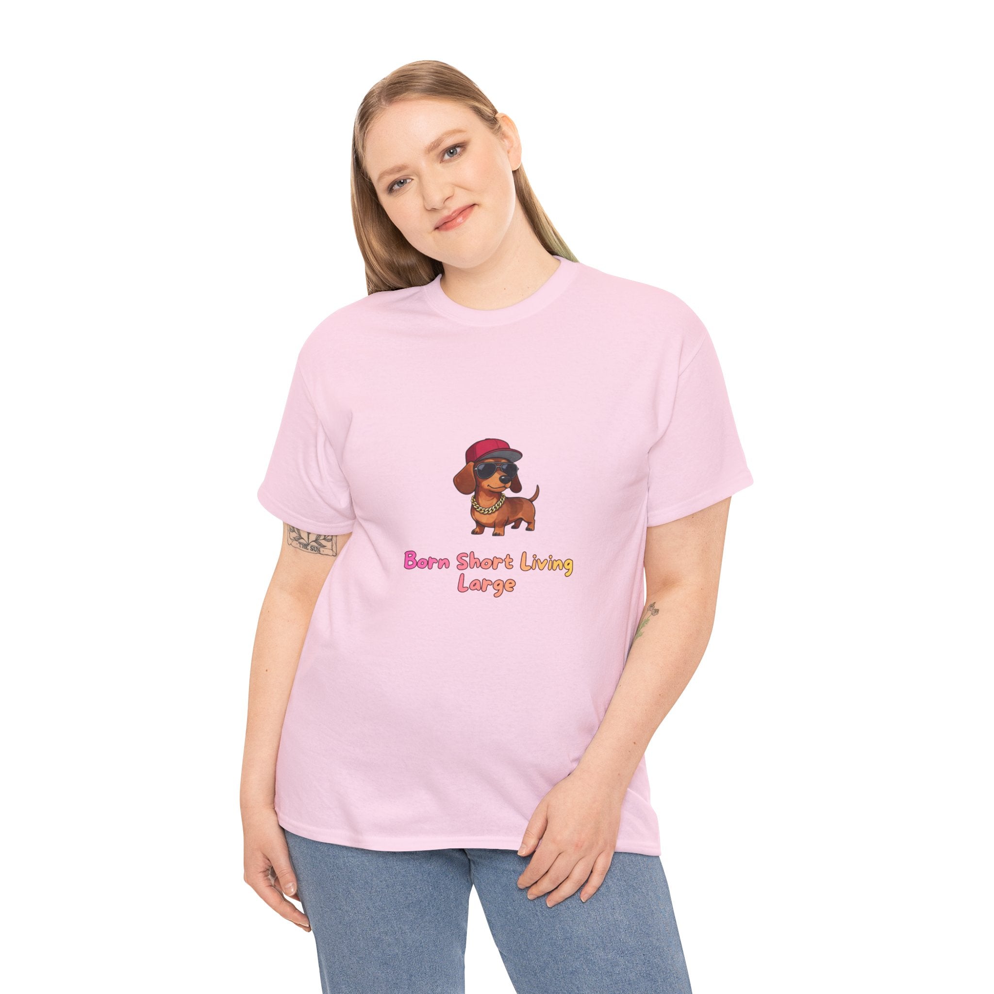 Born Short Living Large T-Shirt – Funny Hip Hop Dachshund Gold Chain Snapback | Wiener Dog Sausage Dog Graphic Tee