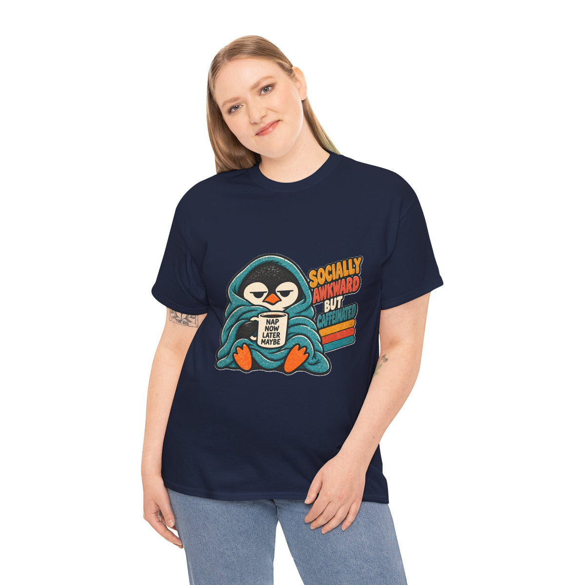 Socially Awkward But Caffeinated Penguin T-Shirt – Funny Introvert Coffee Tee