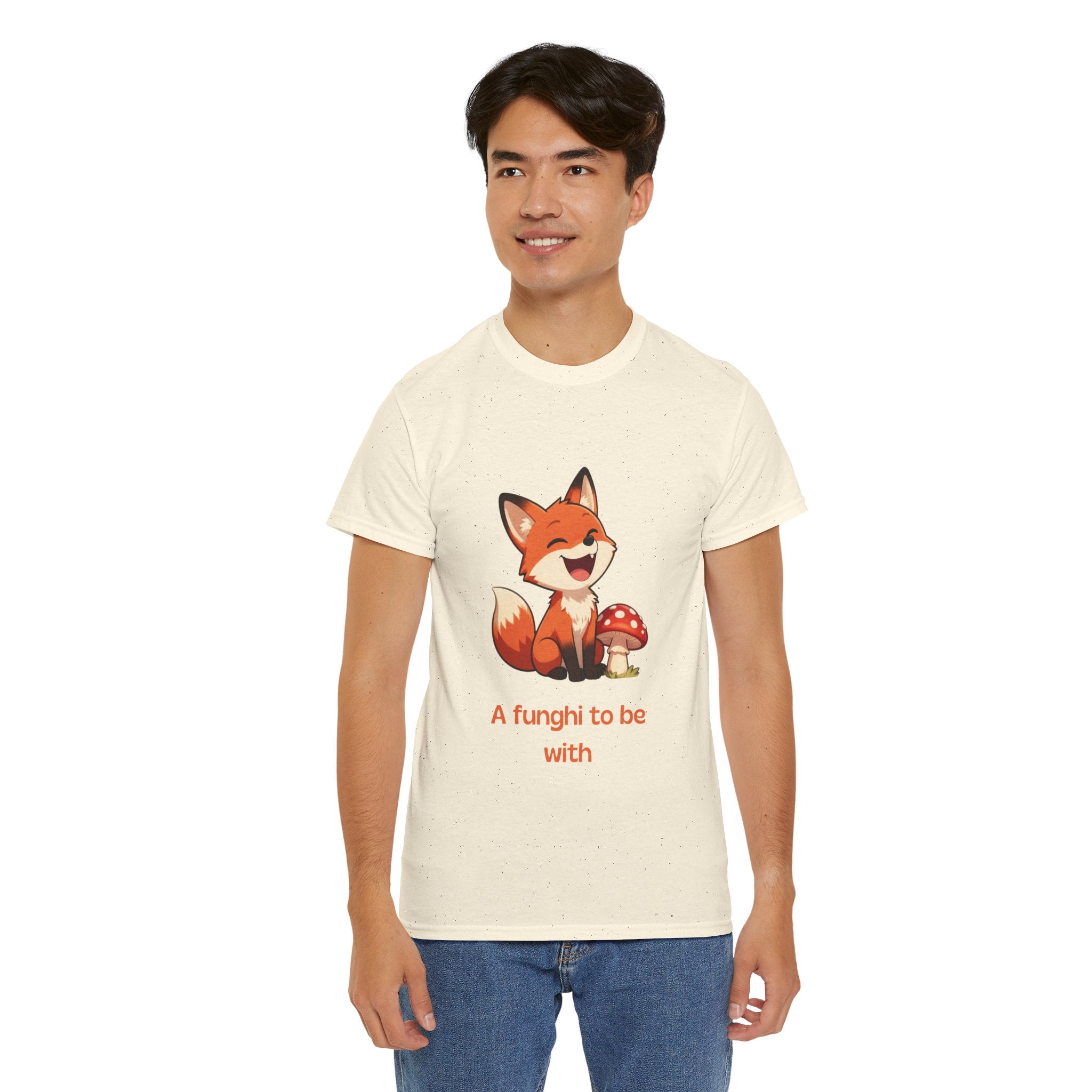 Funny Cartoon Fox T-Shirt | "A Funghi To Be With" Cute Mushroom Pun Tee