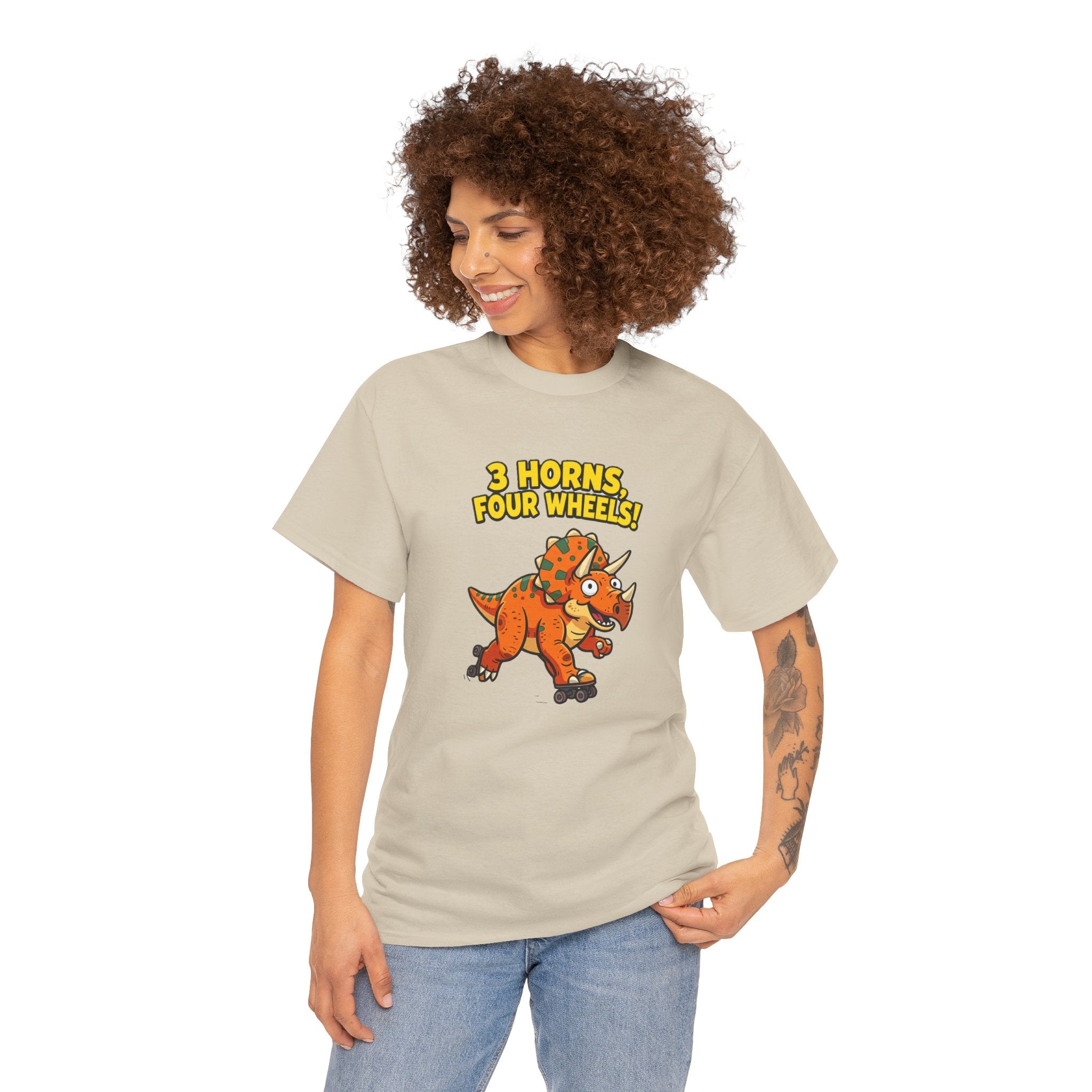 3 Horns Four Wheels T-Shirt – Funny Triceratops Roller Skate Cartoon Dinosaur | Dino Skater Graphic Tee