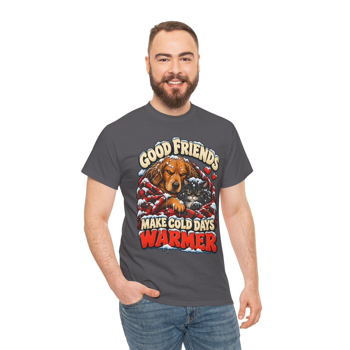 Good Friends Make Cold Days Warmer: Dog and Cat Winter T-Shirt