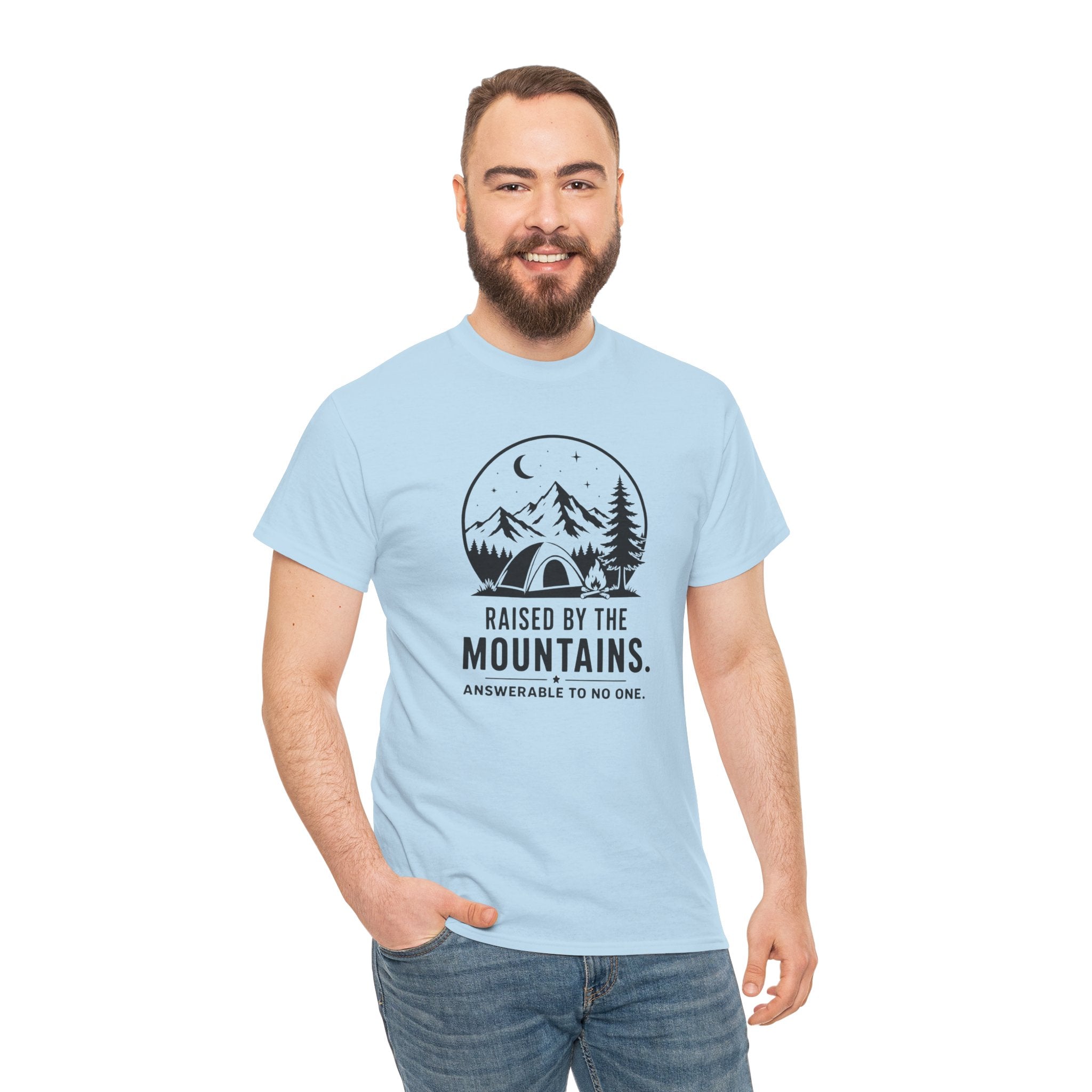 Mountain Camp Graphic Tee — "Raised by the Mountains" Adventure T‑Shirt