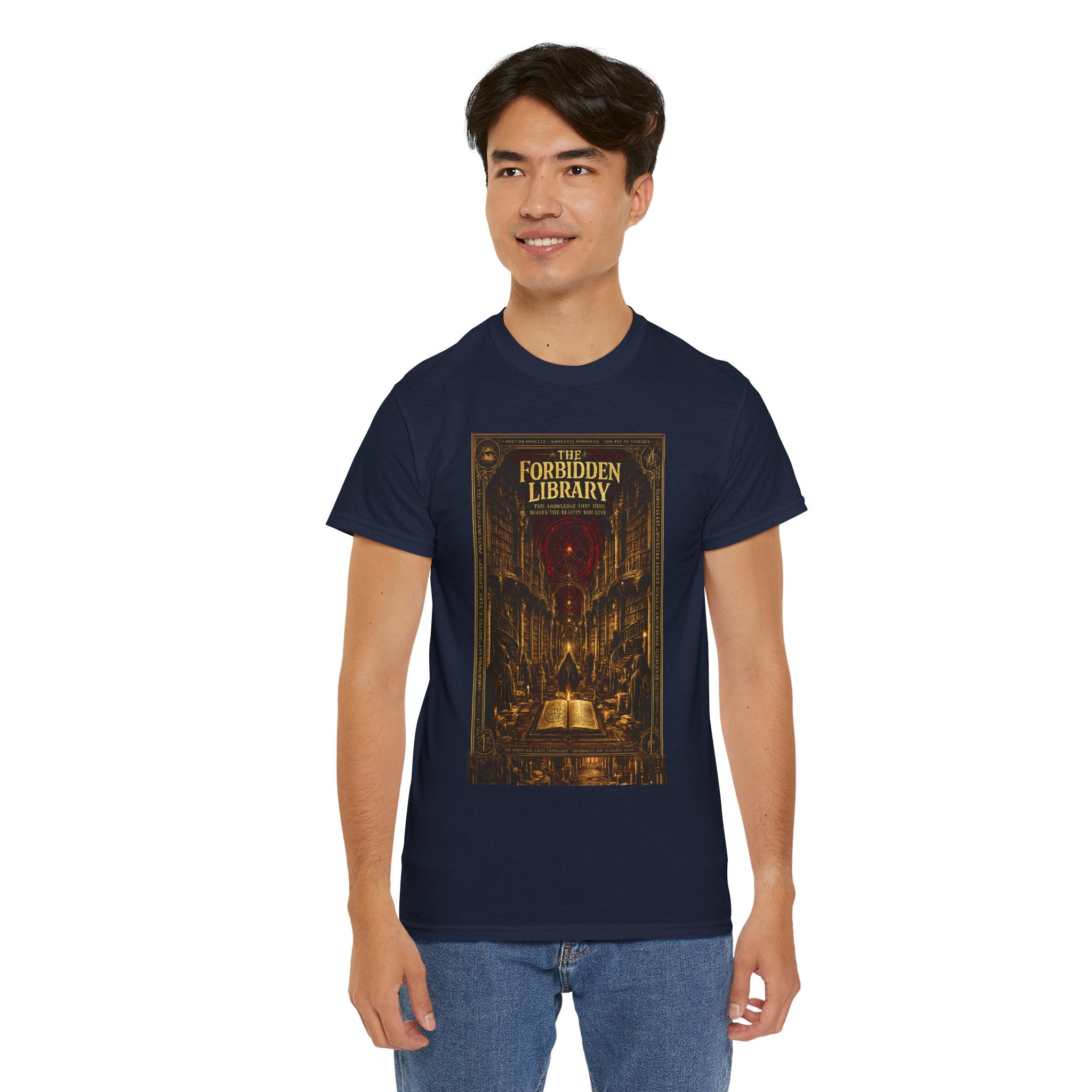 The Forbidden Library T-Shirt | Occult Grimoire Graphic Tee | Esoteric Gothic Bookshelf Shirt | Dark Academia Mystic Art