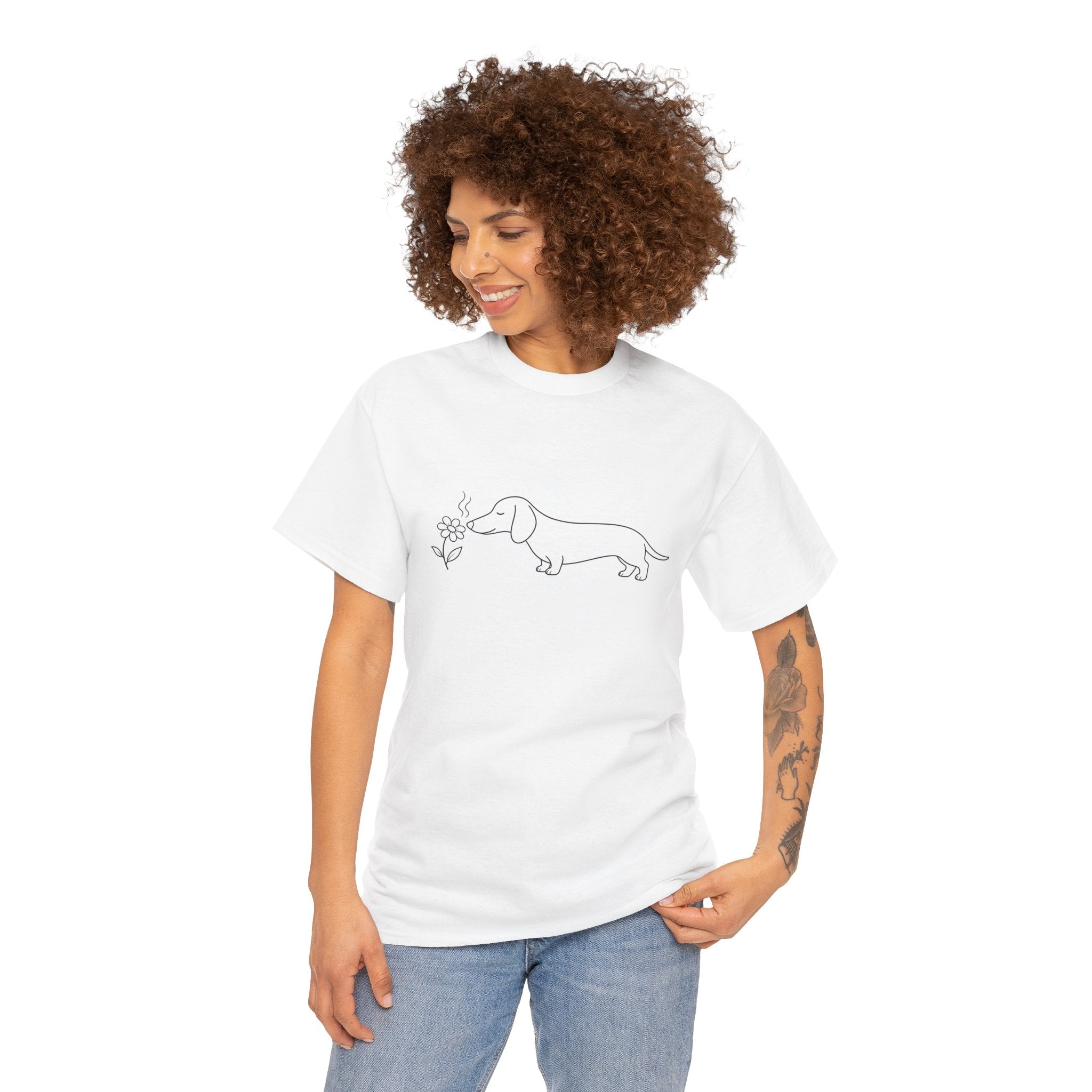 Dachshund & Flower Minimalist Tee — Cute Wiener Dog Line Art T-Shirt