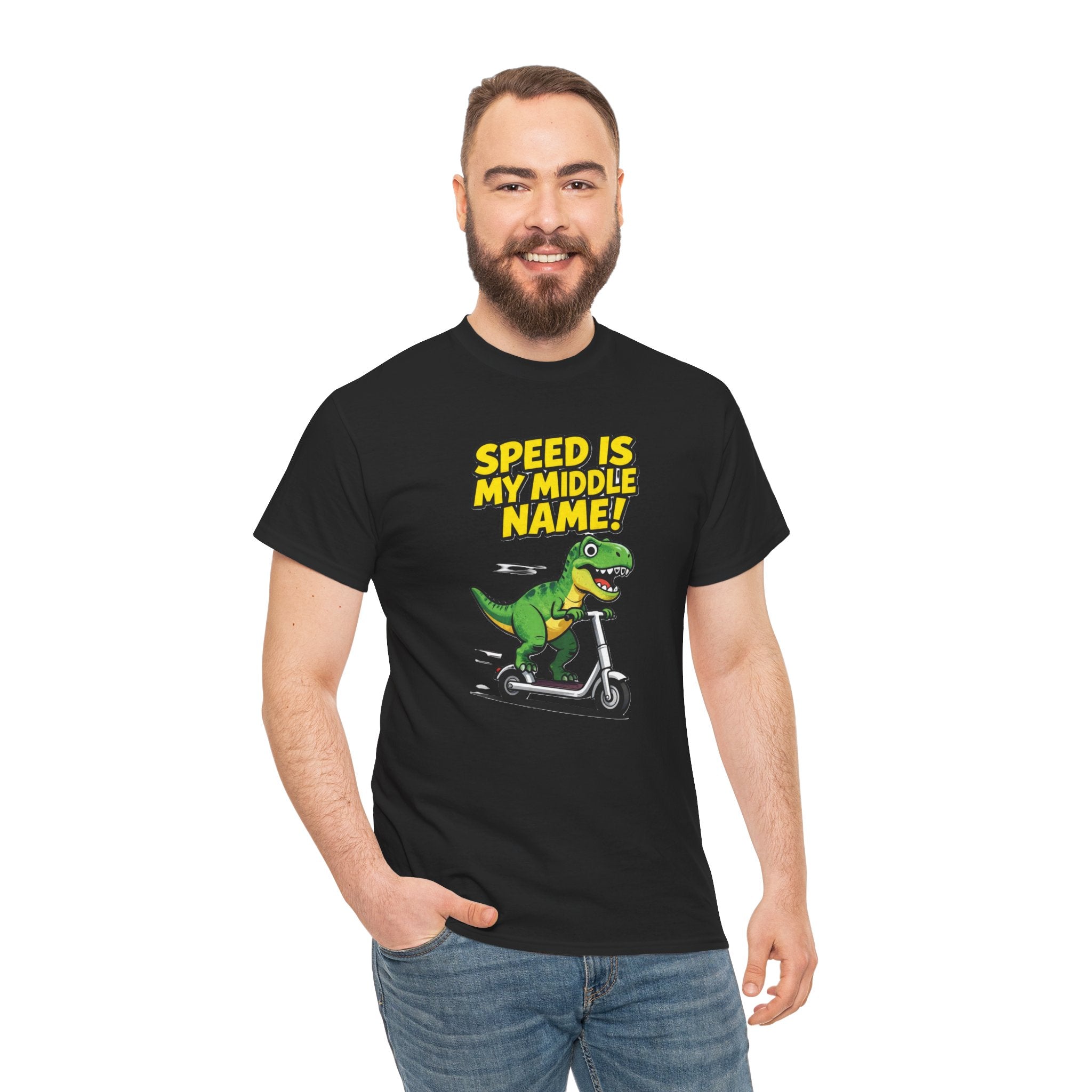 Speed Is My Middle Name T-Shirt – Funny T-Rex Electric Scooter Cartoon Dinosaur | Fast Dino Graphic Tee
