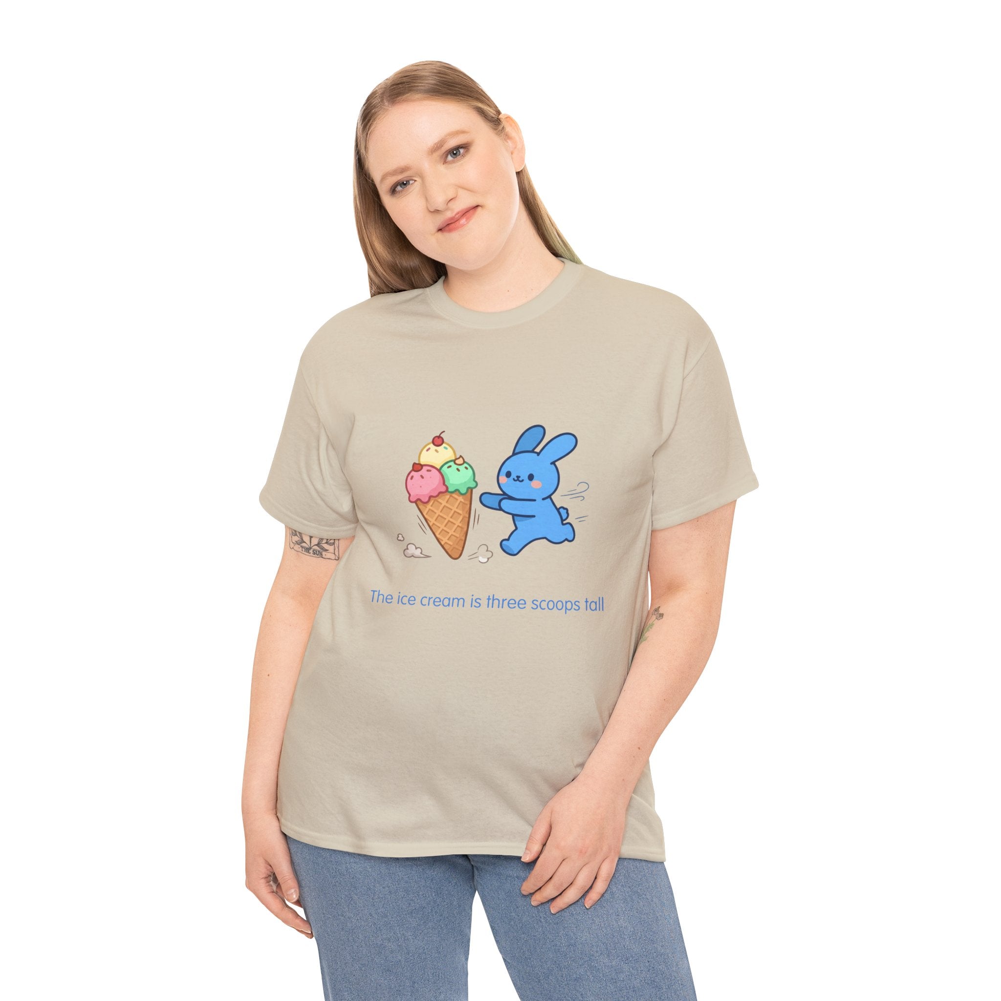 Ice Cream Bunny T-Shirt — The ice cream is three scoops tall. The bunny is determined.
