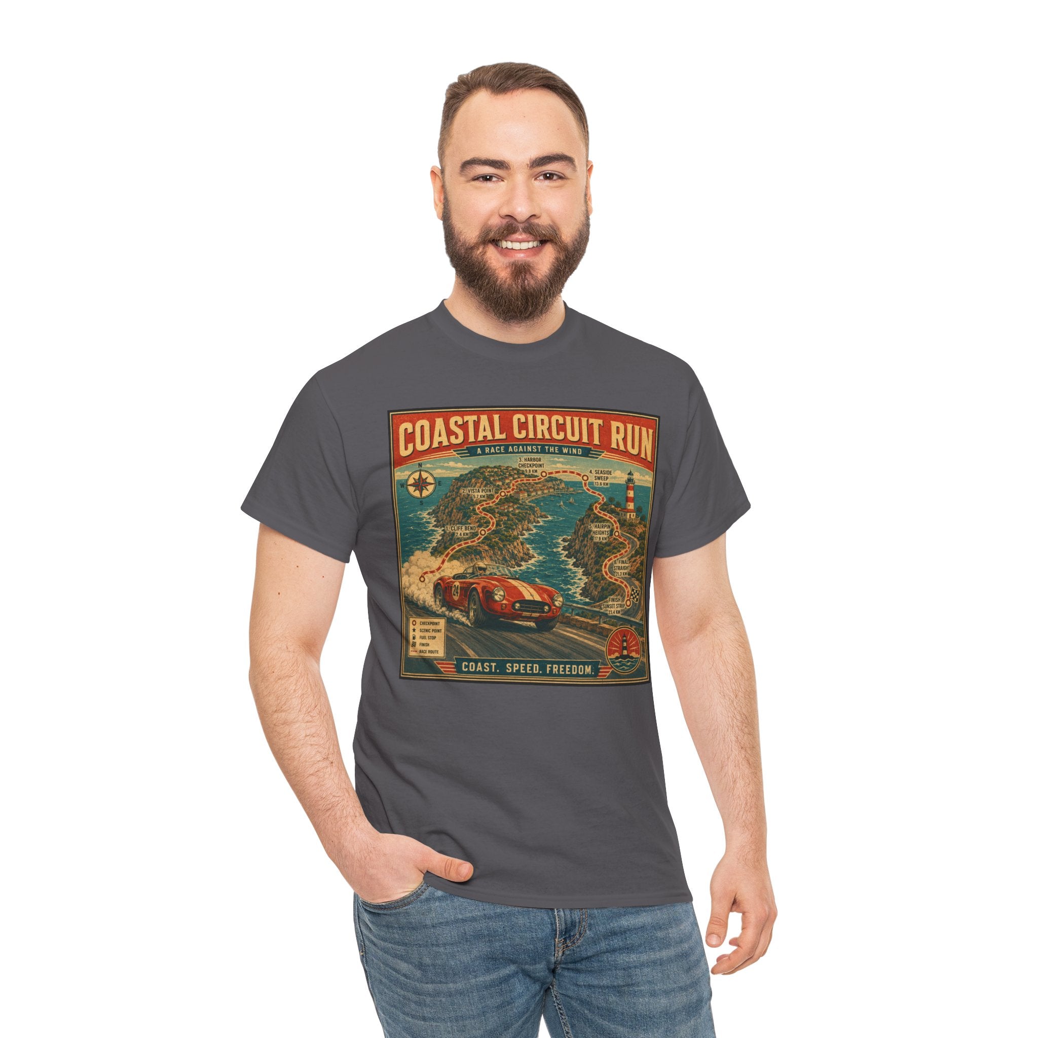 Coastal Circuit Run T-Shirt | Vintage Racing Map Graphic Tee | Classic Car Rally Route Shirt | Retro Motorsport Travel Poster Art