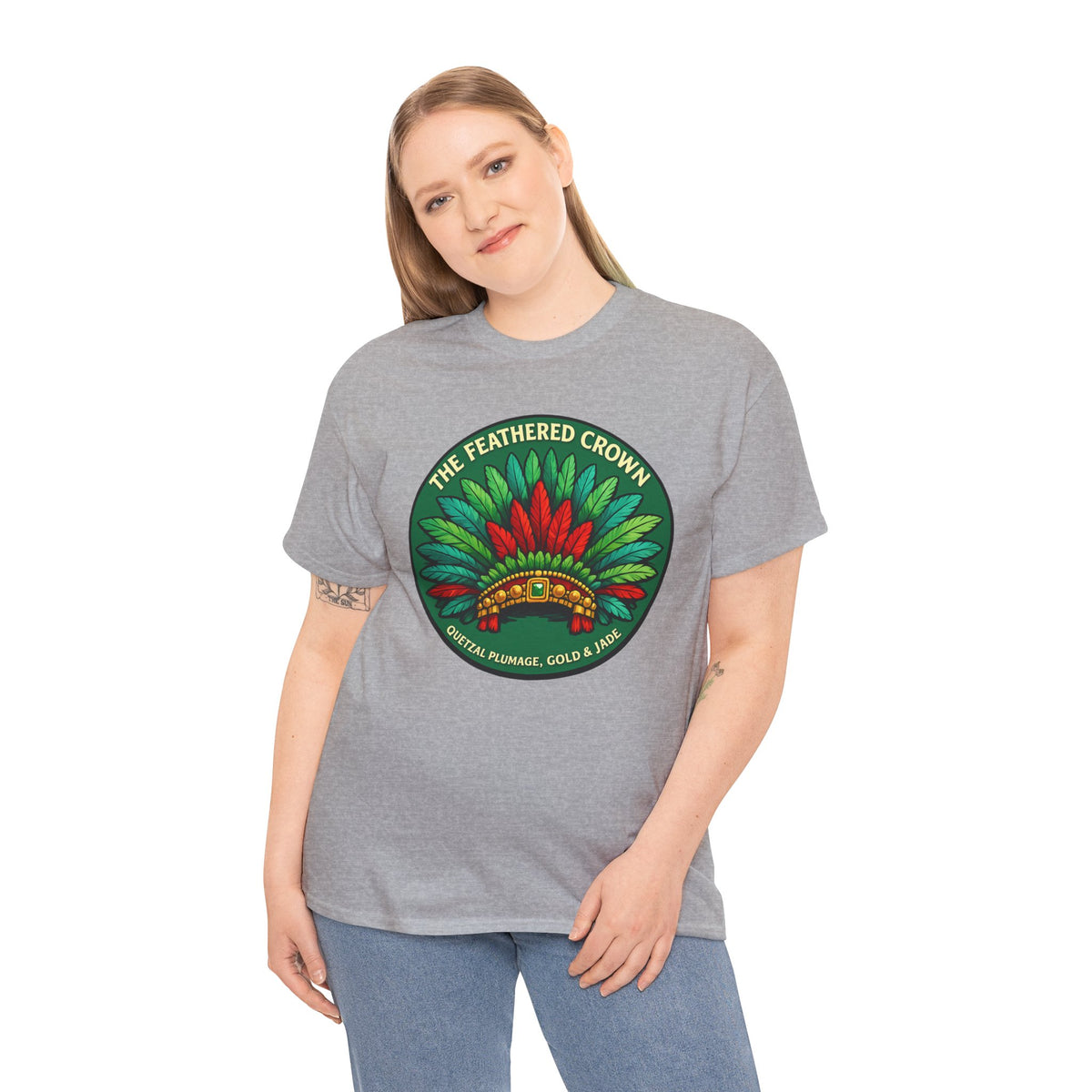 The Feathered Crown T-Shirt – Aztec Quetzal Feather Headdress Tee