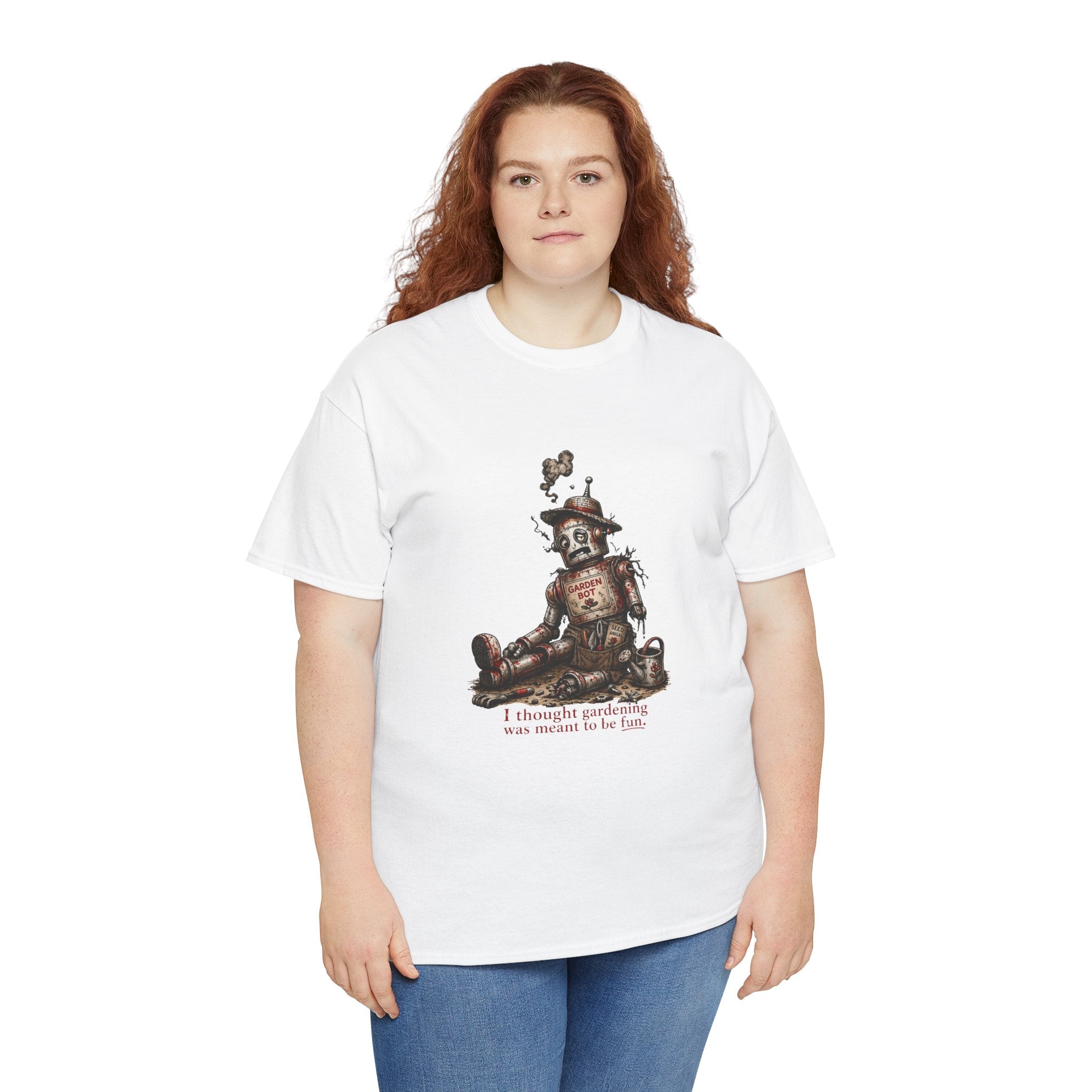 T-Shirt — Vintage Tin Toy Robot Graphic Tee (“I Thought Gardening was meant to be fun”)