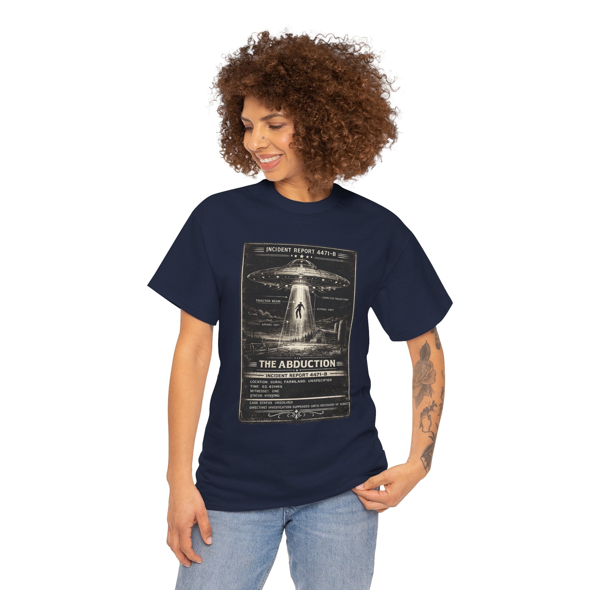 The Abduction – Close Encounter Tractor Beam Field Incident Report Vintage UFO Graphic T-Shirt