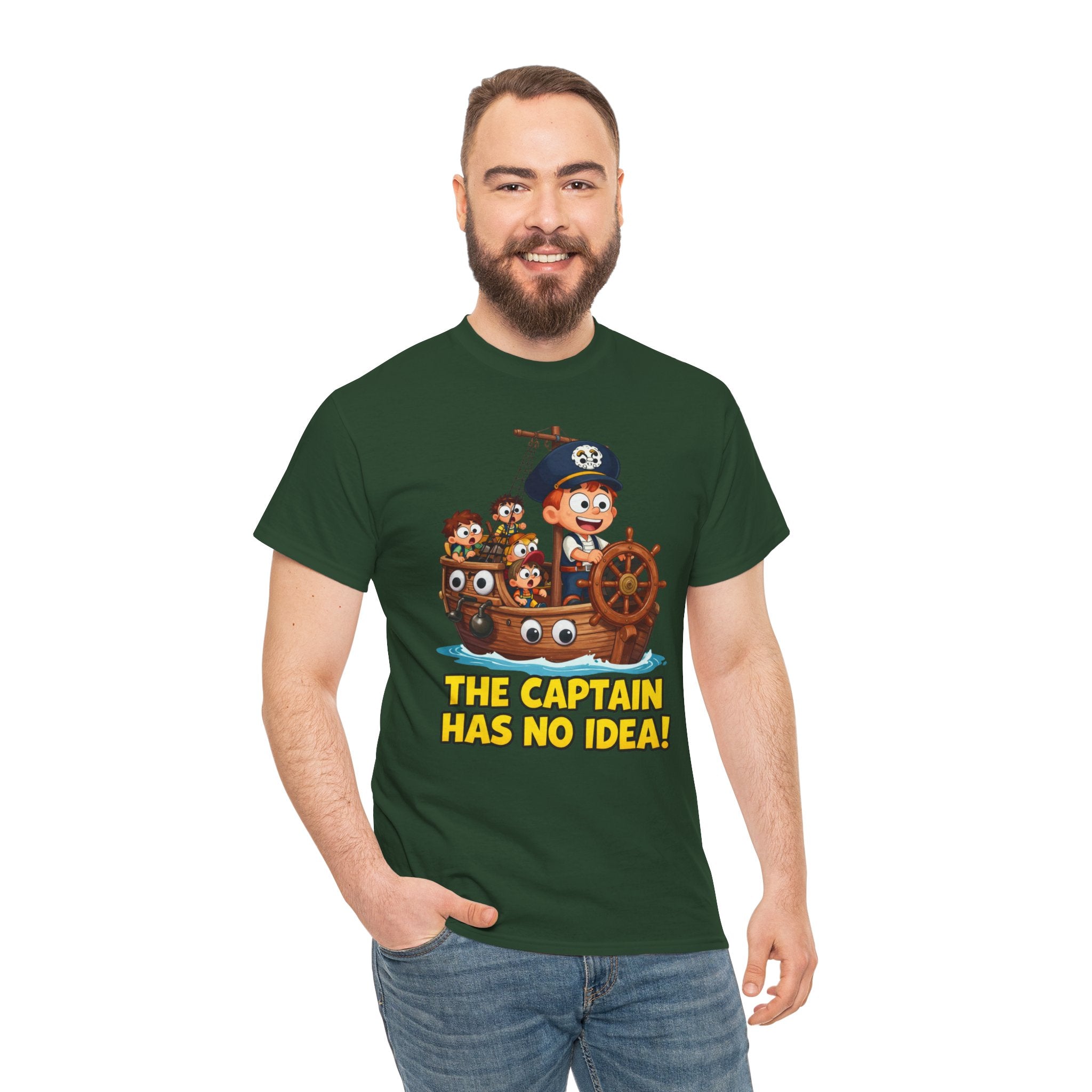 The Captain Has No Idea T-Shirt – Funny Cartoon Pirate Ship Clueless Captain | Nautical Humour Graphic Tee