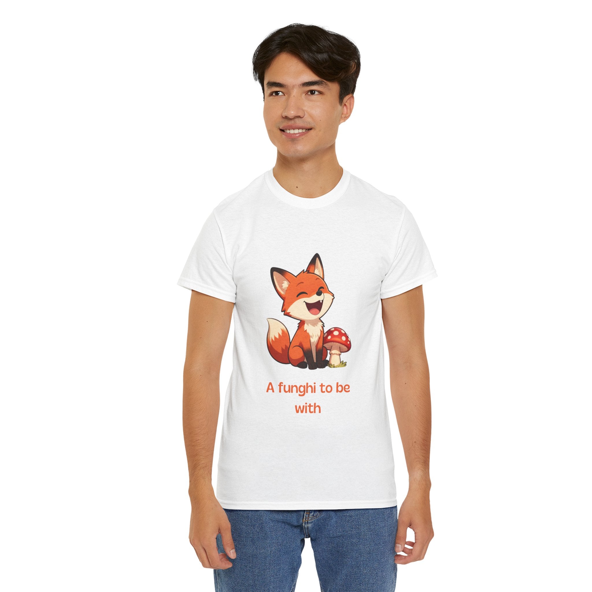 Funny Cartoon Fox T-Shirt | "A Funghi To Be With" Cute Mushroom Pun Tee