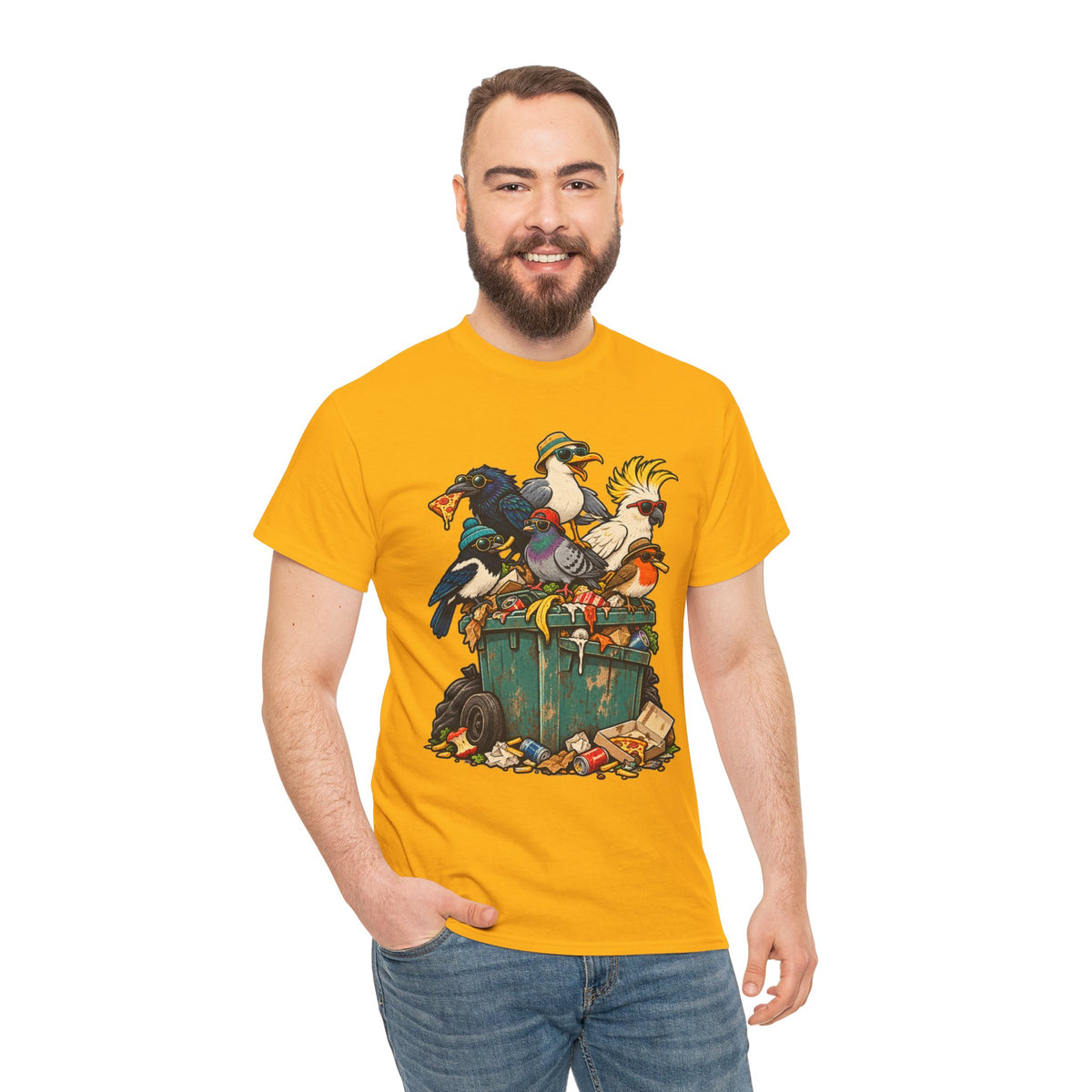 The Bin Squad Funny Birds T-Shirt – Cartoon Birds Raiding a Wheelie Bin Tee